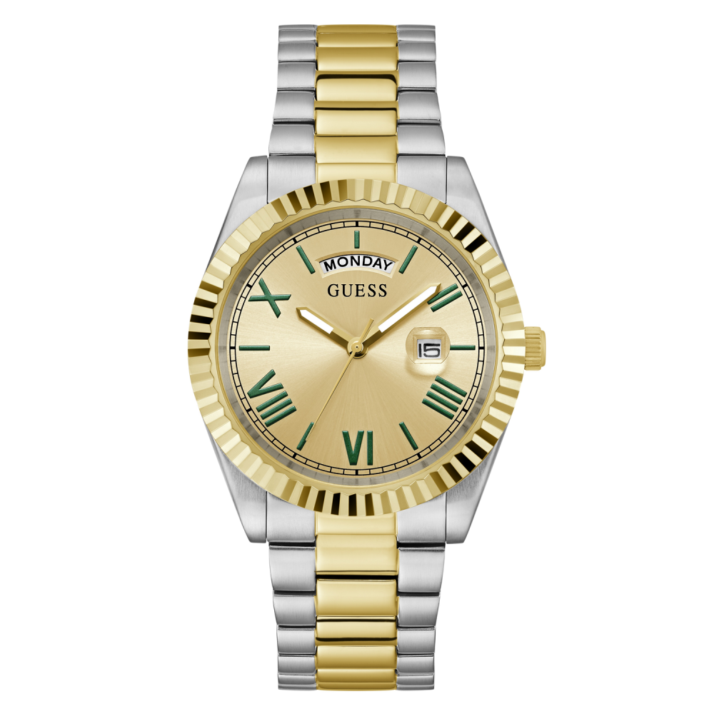 Dit stijlvolle Guess Connoisseur horloge is een uitstekende keuze voor heren die op zoek zijn naar een horloge dat zowel functioneel als modieus is. Het goud- en zilverkleurige ontwerp past bij vrijwel elke outfit en de dag- en datumweergave zorgen ervoor dat u altijd op de hoogte bent van de juiste datum en dag van de week. De geribde lunet maakt het horloge nog meer opvallend en zorgt voor een extra dimensie in het ontwerp.
