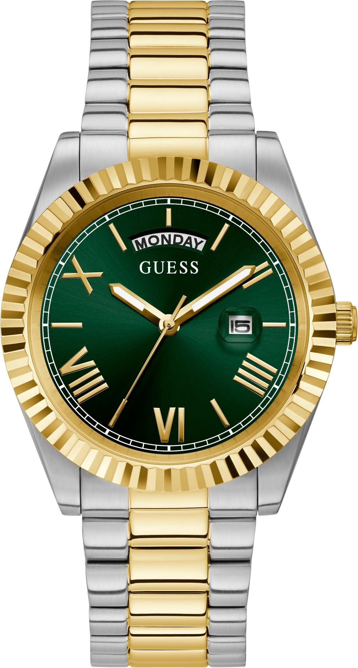 Dit Guess horloge GW0308L5 is afkomstig uit de Luna lijn. Het bestaat uit een bicolor wit- en geelgoudkleurige stalen kast en band met groene wijzerplaat. Het uurwerk is analoog afleesbaar en heeft een kwartsgangwerk. 