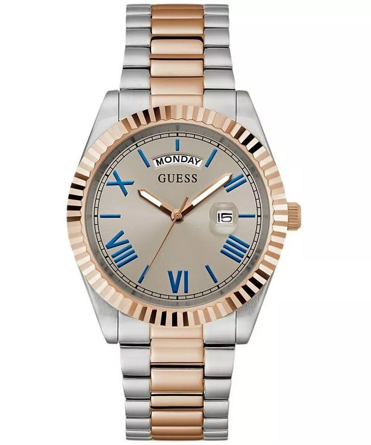 Het Guess Connoisseur GW0265G13 herenhorloge is een uniek model dat modern design combineert met klassieke functionaliteit. De zilverkleurige roestvrijstalen envelop is 42 mm breed, wat het een solide karakter geeft. De grijskleurige wijzerplaat is bedekt met mineraal glas, wat het beschermt tegen beschadigingen. Het horloge is gemaakt van een roestvrijstalen armband, die, gecombineerd met roségoud, een harmonieus geheel vormt, waardoor het er erg aantrekkelijk uitziet. Waterbestendigheid tot 50 meter maakt het mogelijk om het te gebruiken in verschillende omstandigheden, en het quartz uurwerk zorgt voor comfortabel gebruik. Dit is een uitstekende keuze voor mannen die een stijlvol en functioneel horloge om hun pols willen hebben.