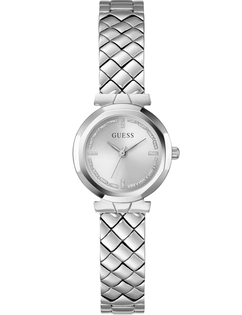 Het Guess Mini Rumour dameshorloge GW0839L4 is een stijlvol model dat de aandacht trekt. De kast en band zijn gemaakt van edelstaal, heeft een zilveren kleur en een breedte van 26 mm. De wijzerplaat, in dezelfde tint, is bedekt met mineraal glas. De roestvrijstalen armband in zilverkleur vult het geheel perfect aan en creëert een samenhangende compositie. Het horloge is uitgerust met een quartz uurwerk en heeft een waterbestendigheid tot 30 meter, waardoor het bestand is tegen kleine spatten, zoals bij het handen wassen.