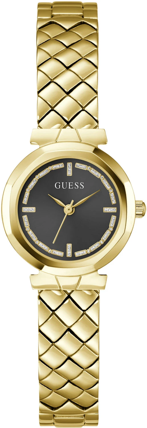 Het Guess Mini Rumour GW0839L2 dameshorloge is een aantrekkelijke keuze die moderniteit combineert met klassieke stijl. Het heeft een goudkleurige envelop van roestvrij staal met een breedte van 26 mm, wat het een solide en elegante uitstraling geeft. De zwarte wijzerplaat van het horloge is bedekt met mineraalglas, wat zorgt voor een duidelijke aflezing van de uren. De gouden armband, ook gemaakt van roestvrij staal, vult het geheel perfect aan en creëert een harmonieuze compositie. Het horloge heeft een waterbestendigheid tot 30 meter, wat het praktisch maakt voor dagelijks gebruik. Het is een prachtig accessoire dat een perfecte aanvulling kan zijn op elke stijl.