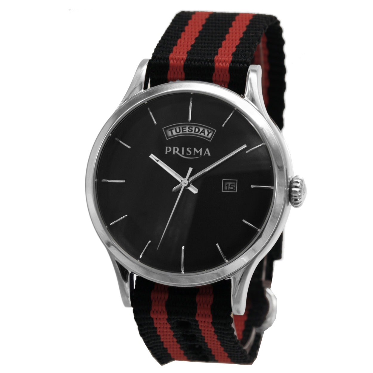 Prisma horloge 2145 heren edelstaal 

Algemeen
Geslacht: heren
Model: P.2145

Voordelen
- band zwart/rood canvas met All Stainless steel gesp
- wijzerplaat zwart met zilvere streepjes
- ook voor brede pols (max. 240 mm)
- wijzers lichten op in donker
- datum
- mat kalfsleder
- spat waterdicht: handenwassen, regen
- quartz
- maat kast 41mm (breedte) 12mm (dikte)

