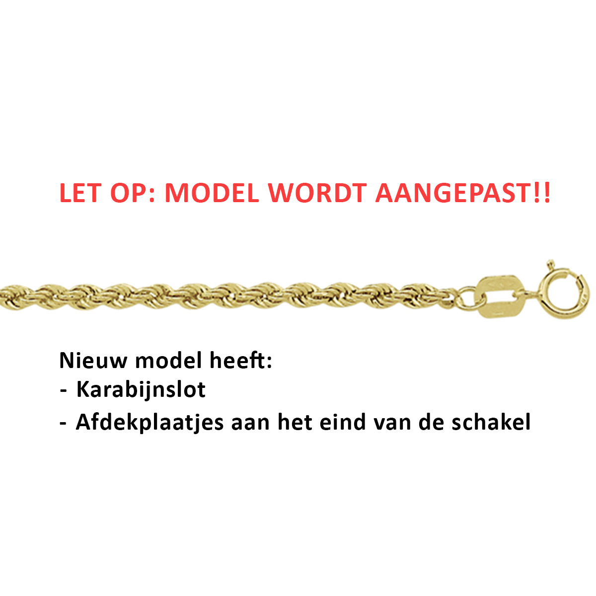 9k Geel kleurig lengteartikelen met een koord schakel van 2mm.