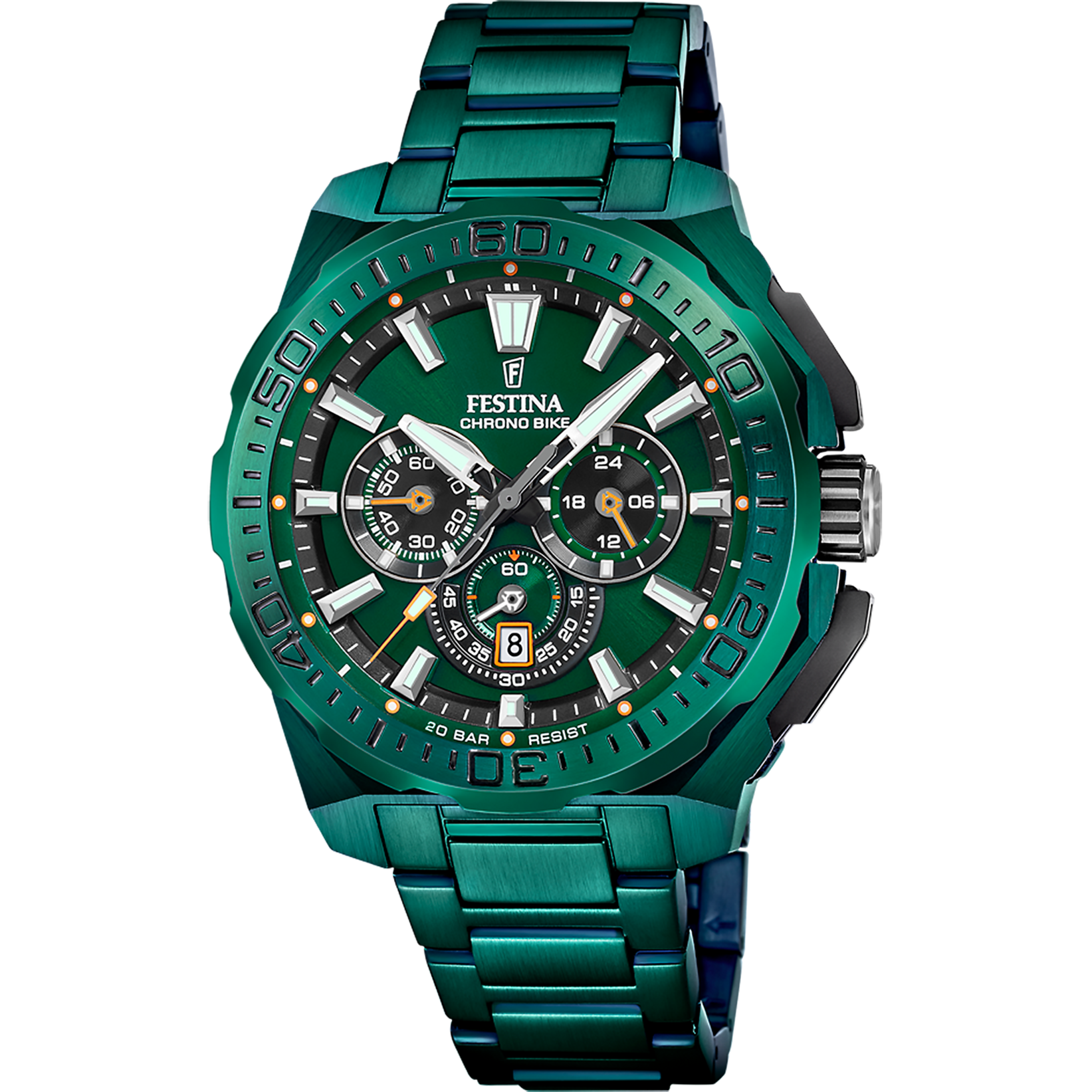 De Festina Chrono Bike 2025 Special Edition is een iconisch stuk dat een sportief ontwerp en een robuuste constructie combineert, ideaal voor degenen die precisie en stijl zoeken. De kast en band van roestvrij staal garanderen weerstand tegen schokken, krassen en corrosie, terwijl de diameter van 45,5 mm een imposante aanwezigheid op de pols biedt. Uitgerust met een MOS20 kwartsuurwerk, biedt deze chronograaf nauwkeurige tijdmeting en bevat een datumaanduiding op zes uur voor extra functionaliteit. De wijzerplaat, met levendige kleuren, aangebrachte indexen en lichtgevende wijzers, zorgt voor uitstekende zichtbaarheid onder alle lichtomstandigheden.
Het mineraalglas beschermt de wijzerplaat tegen stoten en krassen, waardoor het er na verloop van tijd onberispelijk uitziet. Met een waterbestendigheid van 20 ATM is het klaar om elke uitdaging aan te gaan, van het dagelijkse ritme tot meer veeleisende avonturen. Het exclusieve ontwerp en de hoogwaardige materialen maken deze speciale editie een perfecte keuze voor liefhebbers van sportieve en high-performance horloges.
