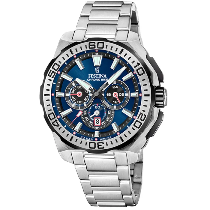 Het Festina F20724/2 horloge voor heren is een iconisch stuk uit de prestigieuze Chrono Bike-collectie. Dit elegante horloge vertegenwoordigt de ideale fusie van design en prestatie, speciaal ontworpen voor de moderne man die precisie en esthetiek waardeert. Festina Watches komt ook dit jaar weer met de opvolgers van de Tour de France horloges. De accenten vanuit de wielersport zijn subtiel terug te vinden in de CHRONO BIKE 2025. Het quartz horloge is leverbaar in verschillende kleuren. De Chrono Bike Festina Watches zijn echte collectors items.