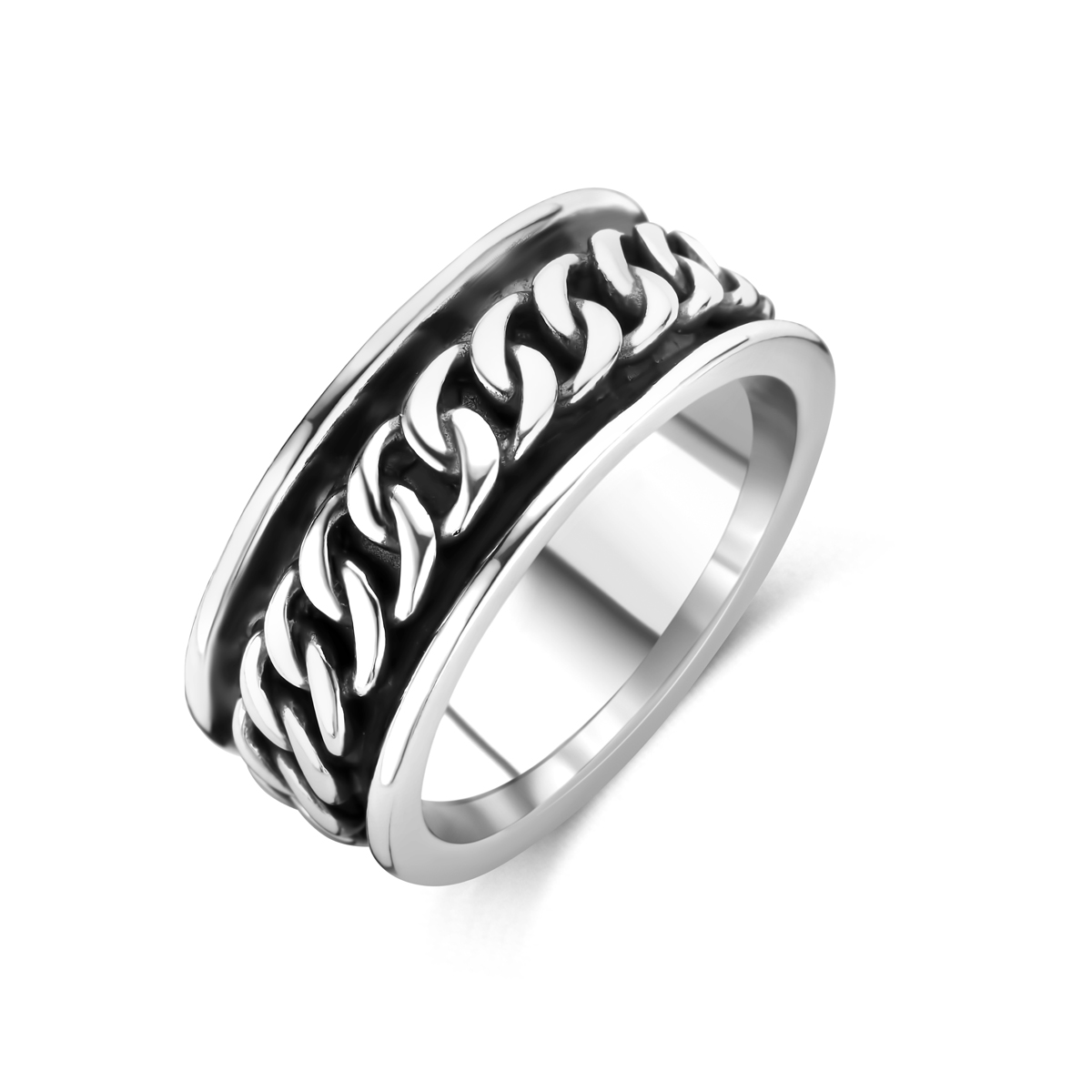 Geoxideerd 925 zilveren ring. De ring heeft een breedte van 10mm