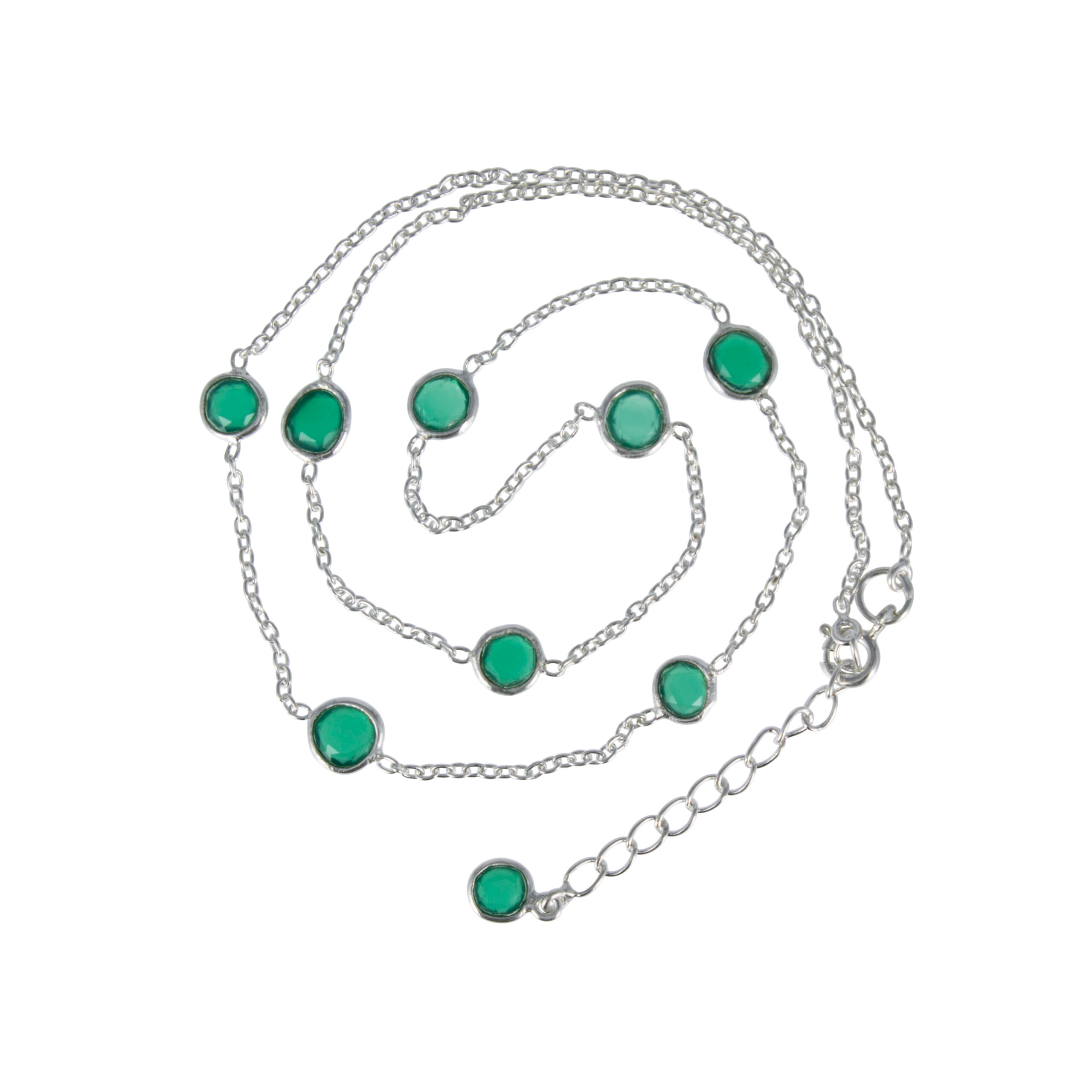 ketting met fancy vorm steentjes in bezel zetrand
lengte: 42,5 cm en extra verlengketting