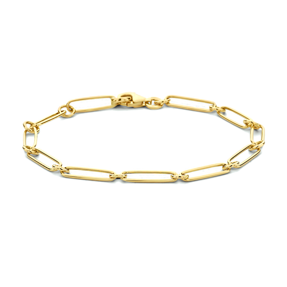 14krt geelgouden armband uitgevoerd met een paperclip schakel met een breedte van 4mm. De armband heeft een draaglengte van 19cm en een stevige karabijn sluiting.