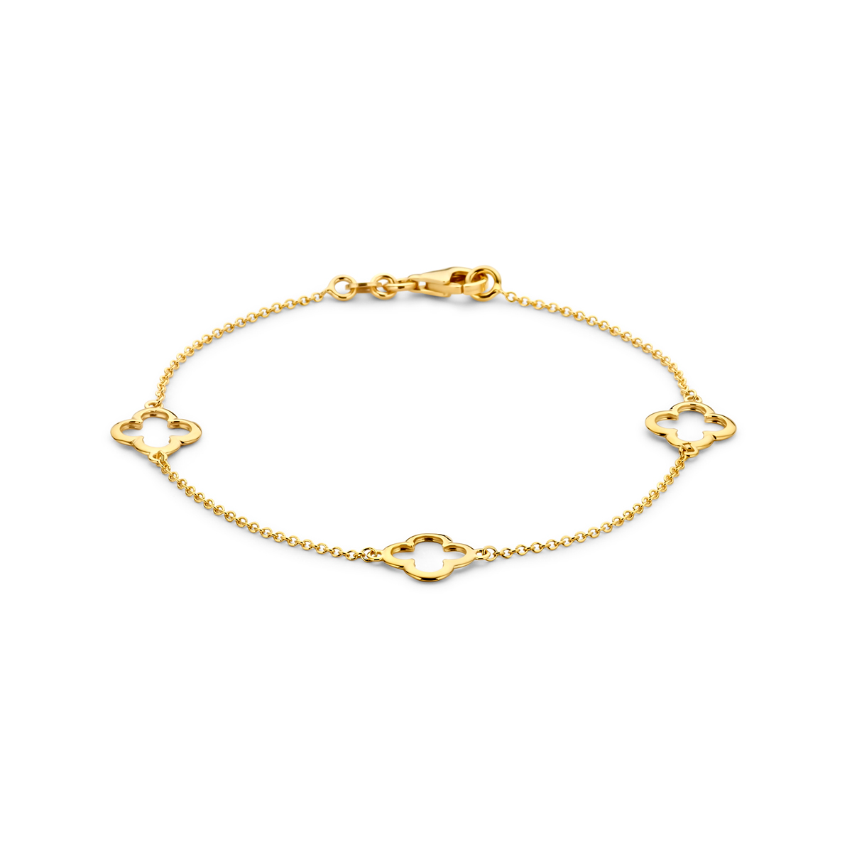 14krt geelgouden armband uitgevoerd met bloemen. De armband heeft een draaglengte van 19cm.