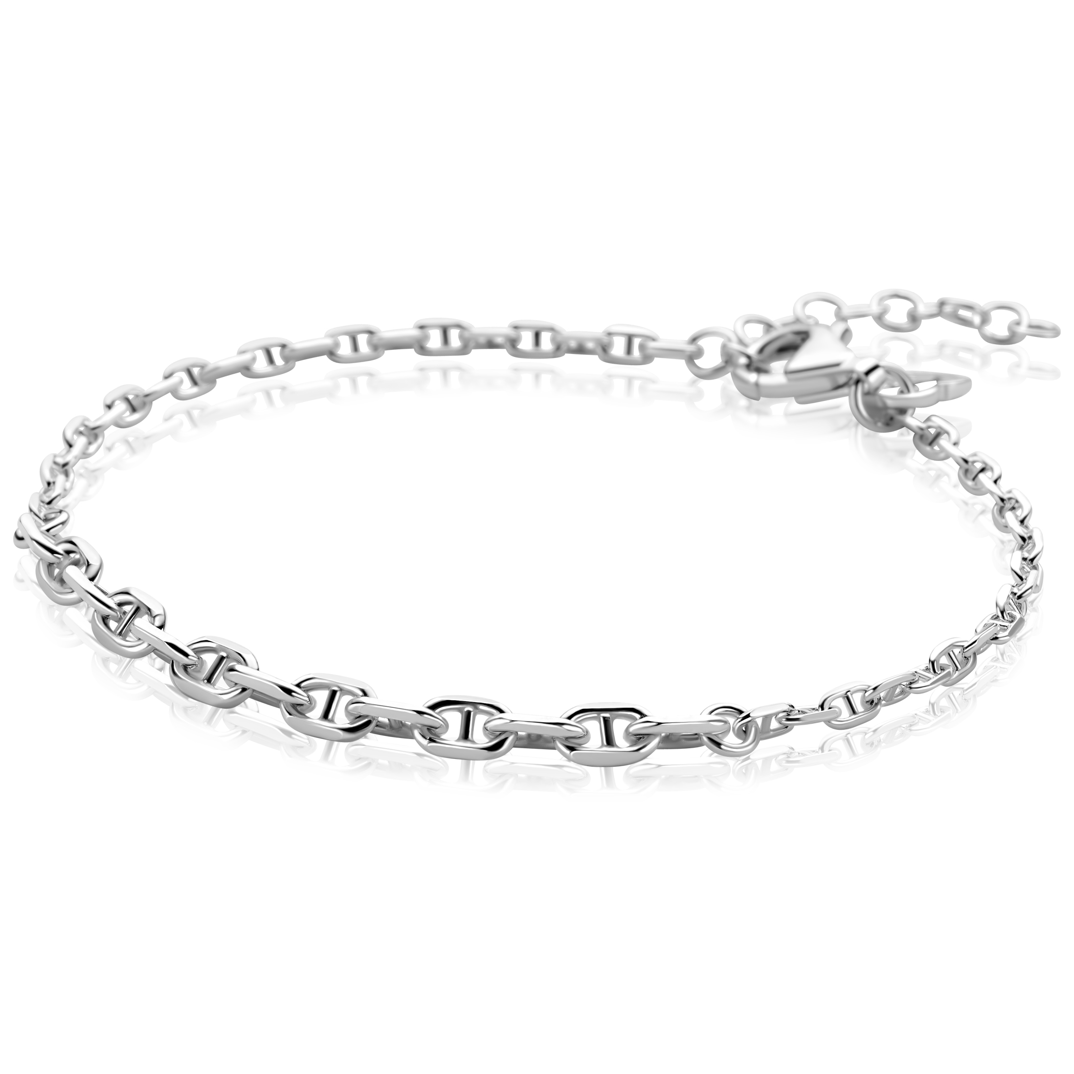 ZINZI zilveren schakel armband met aflopende marine-schakels (3,8mm breed). Voorzien van een verlengkettinkje, verstelbaar van 17 tot 20 cm voor de perfecte pasvorm. De armband is vervaardigd van eerste gehalte zilver (925) en voorzien van een extra rodiumlaag voor langdurige glans.