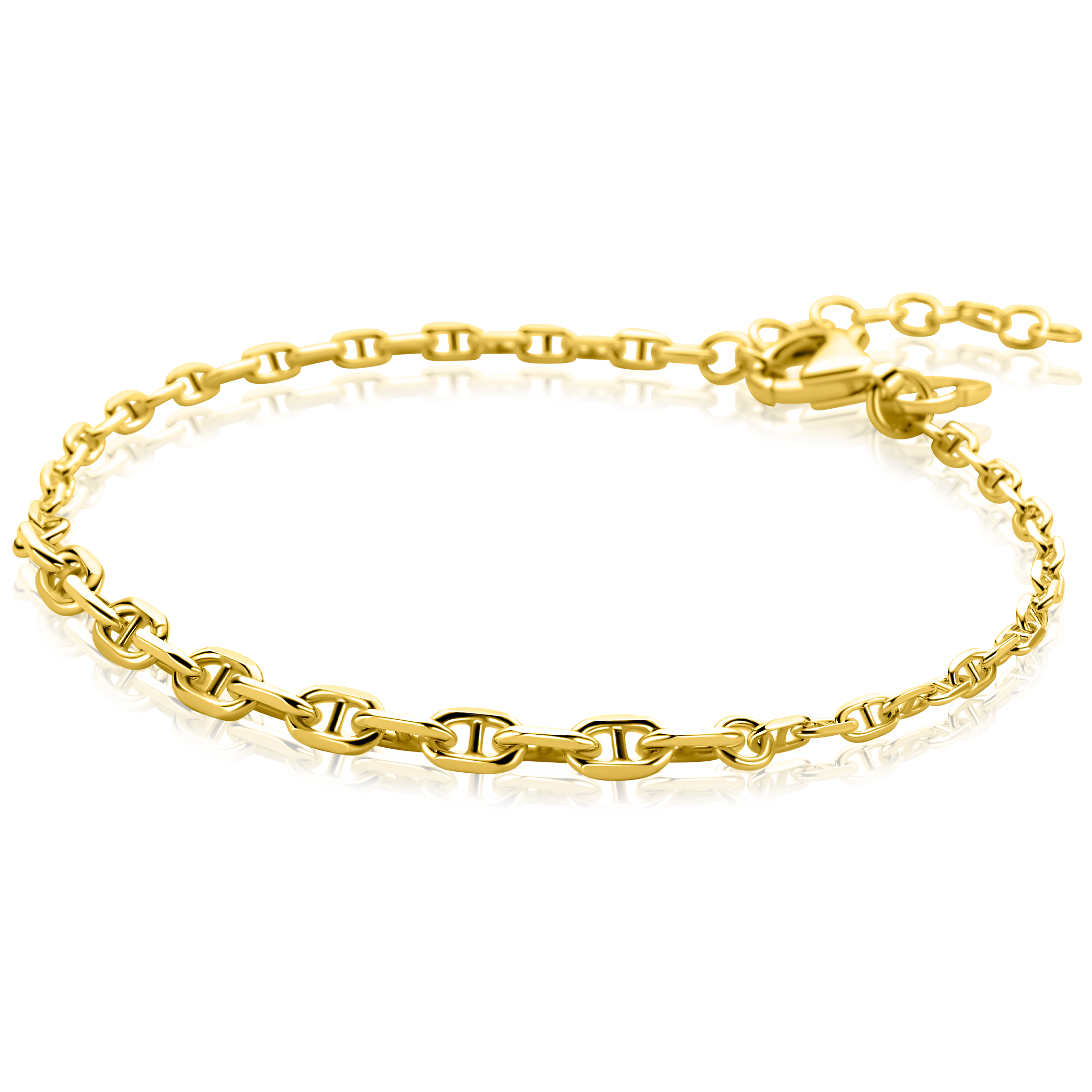ZINZI gold plated zilveren schakel armband met aflopende marine-schakels (3,8mm breed). Voorzien van een verlengkettinkje, verstelbaar van 17 tot 20 cm voor de perfecte pasvorm. De armband is vervaardigd van eerste gehalte zilver (925) en extra geel verguld.