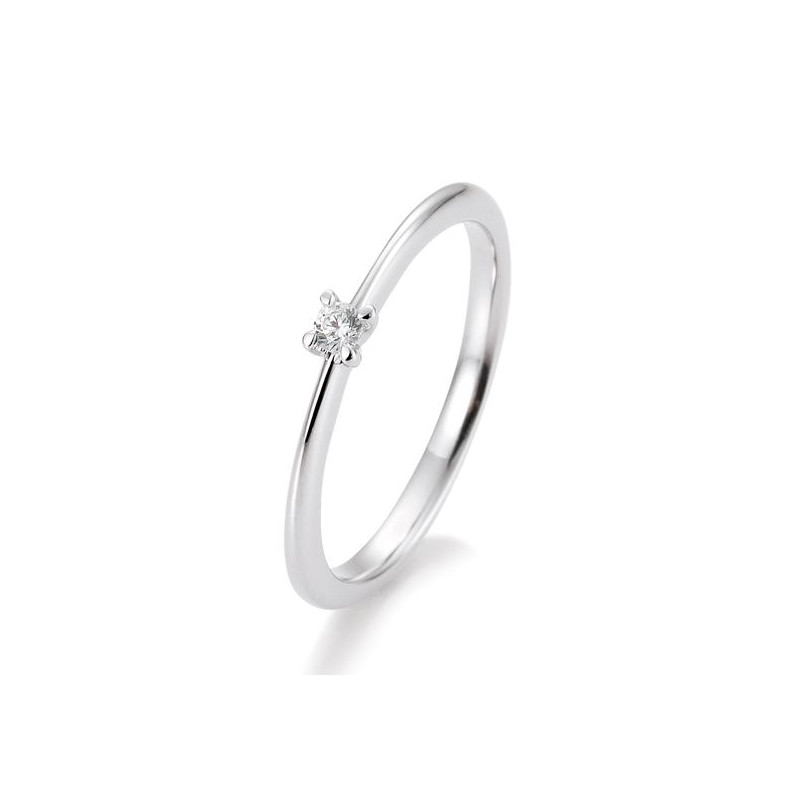 Elegante witgouden solitaire ring (maat 54) met een briljant geslepen diamant van 0,05 ct. De vier pootjes zetten de steen veilig en laten het licht prachtig spelen. Een subtiel en tijdloos sieraad dat elke dag bijzonder maakt.