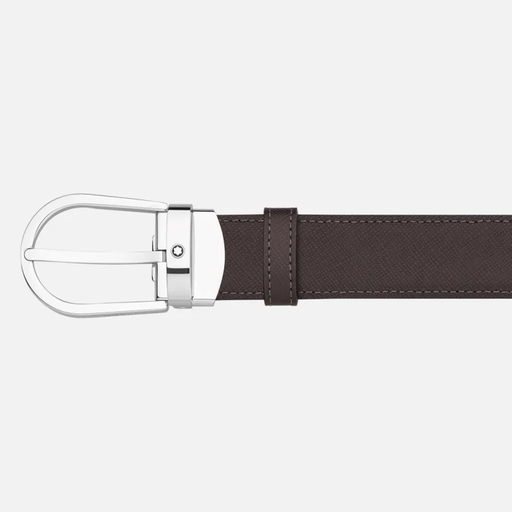 Shiny stainless steel horseshoe pin buckle with Montblanc emblem. Self-adjustable, 3 cm x 120 cm, reversible saffiano-printed black & brown leather strap.