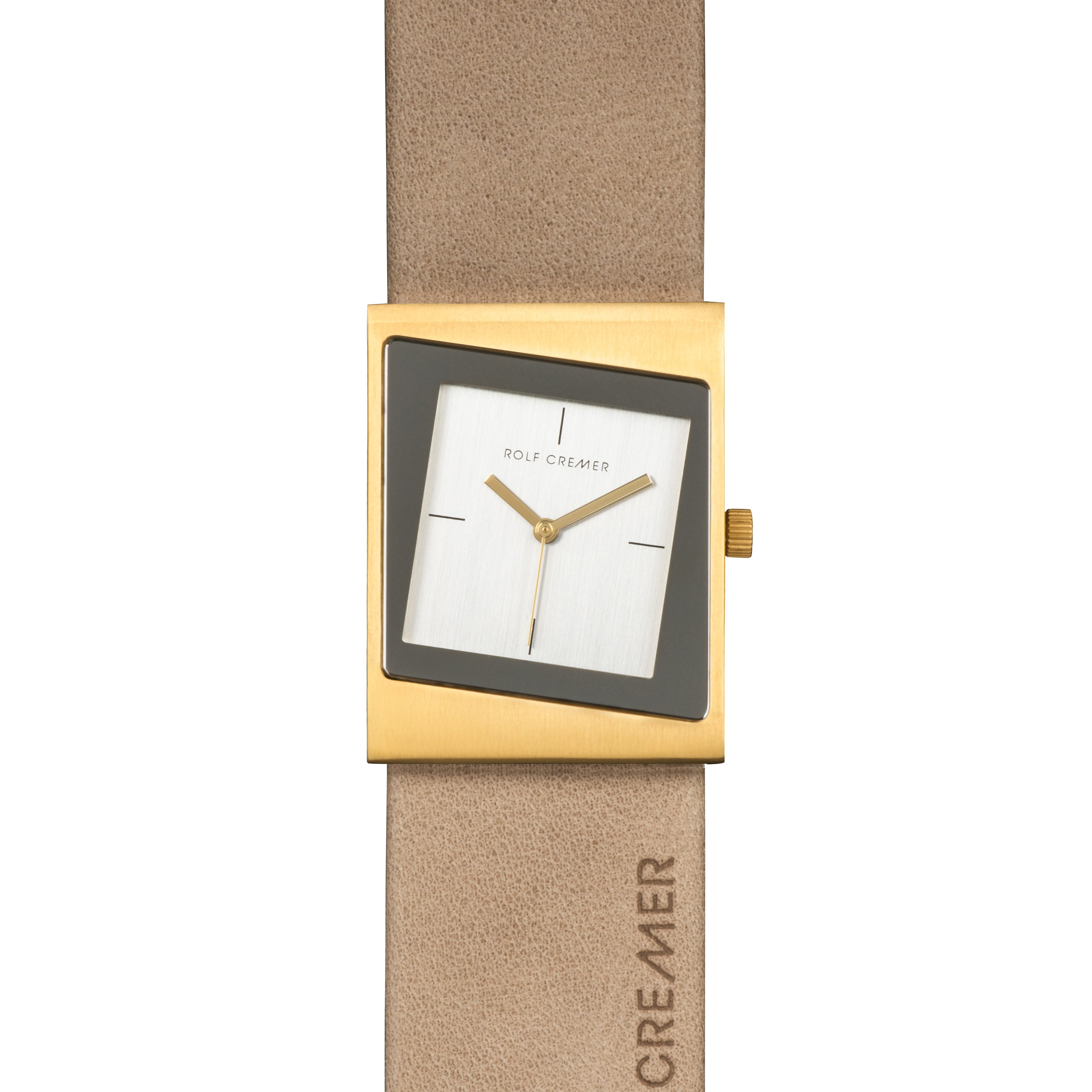 Goudkleurige kast met zilverkleurige wijzerplaat en beige leren band.