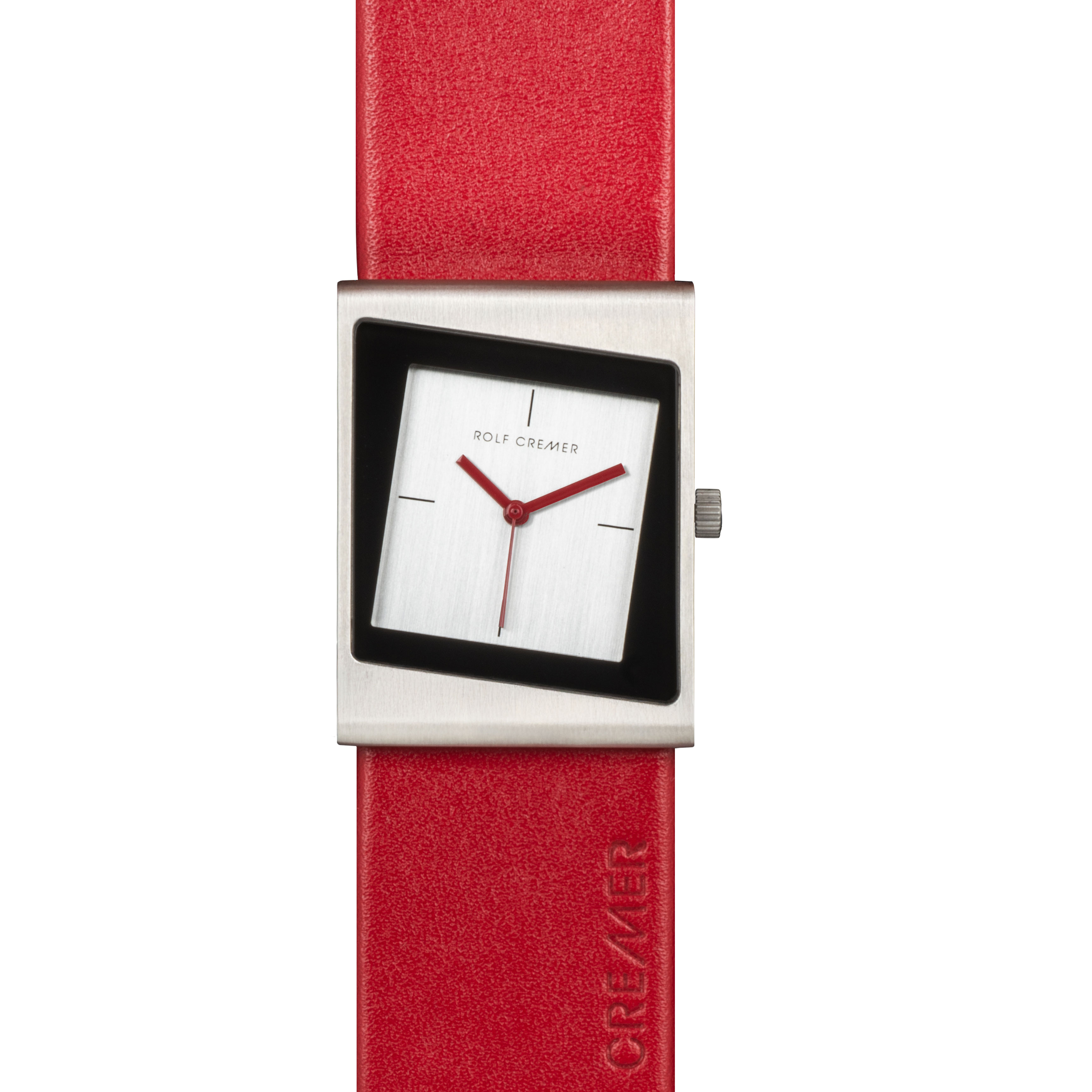 Zilverkleurige kast met rode wijzers en rood leren band