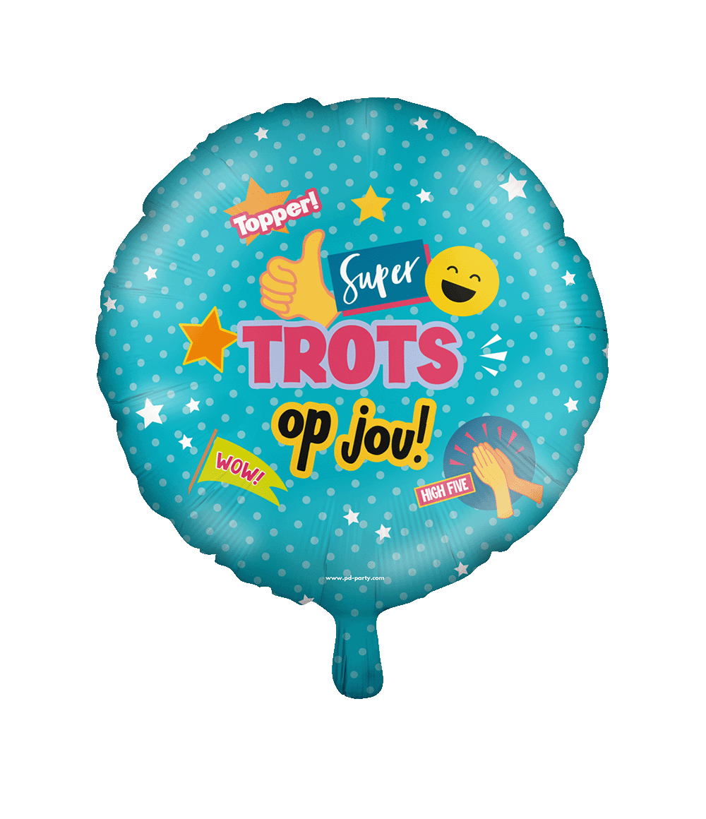 De Foil balloon - Trots op jou, modelnummer 7042156, valt onder de categorie SPEELGOED_HOBBY_FEEST. Deze feestelijke folieballon is perfect om je waardering en trots te tonen. Blaas eenvoudig op met helium of lucht en hang of zet op een prominente plek tijdens feestelijke gelegenheden. Ideaal voor een feestje of om iemand in het zonnetje te zetten!