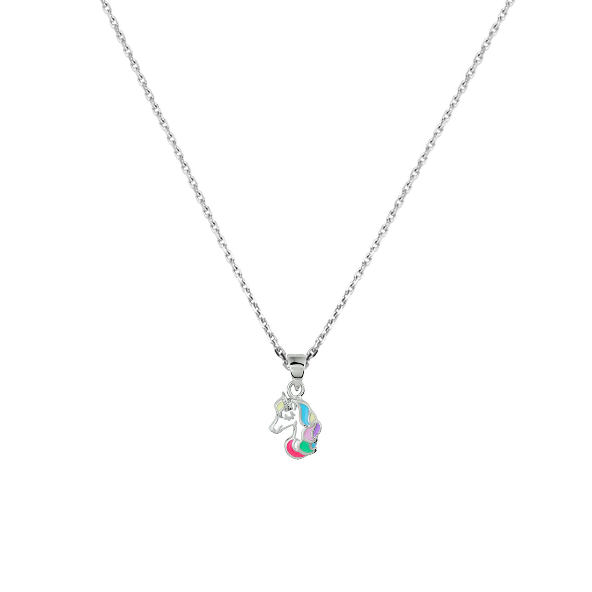 Gerhodineerd 925 zilveren collier uitgevoerd met een eenhoorn hanger en een karabijn sluiting. Het collier heeft een draaglengte van 36cm en een extensie van 4cm. De schakelbreedte is 1.1mm.