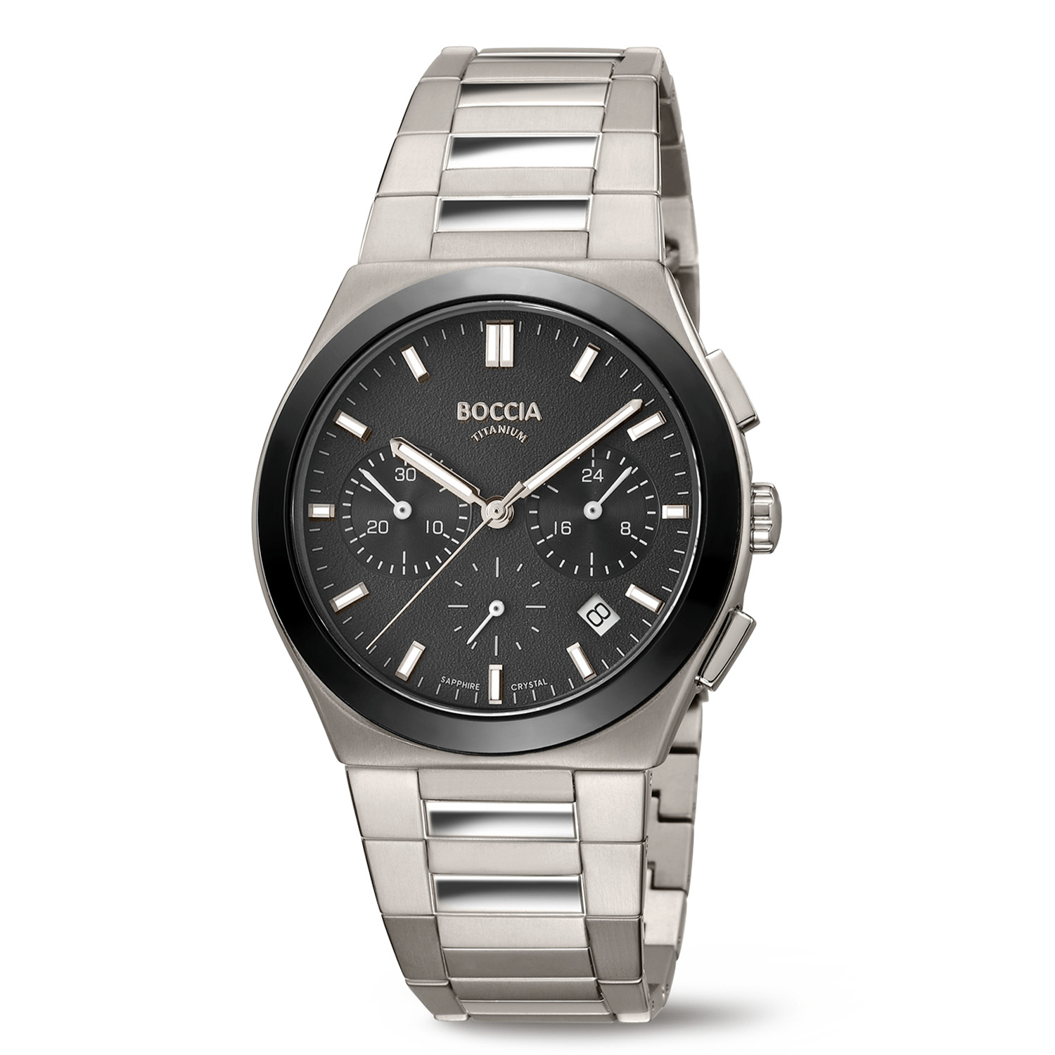 Boccia Titanium 3736-02 Heren Horloge Chrono 39mm
Dit herenhorloge van Boccia heeft een sportieve uitstraling. De 3736-02 heeft een ronde titanium horlogekast met een zwarte ceramic bezel en een grijze wijzerplaat met een chronograaf en een datum. Aan de titanium kast zit een hoekige titanium schakelband met een vouwsluiting. Het horloge heeft een doorsnee van 39mm, een saffierglas en is 5ATM. Of je nu sportief of chique gekleed gaat, dit horloge past bij elke outfit en iedere gelegenheid!

HET MERK
Boccia Titanium is het titanium merk van Nederland, dat zijn oorsprong in Duitsland vindt en is opgericht in het jaar 1992. Ontwikkeld door internationale ontwerpers. Alle titanium componenten van de BOCCIA TITANIUM collectie zijn gemaakt van 99,7% puur titanium; het bijzondere materiaal. Het is licht in gewicht, neemt de temperatuur van de huid aan en is zeer huidvriendelijk. Bovendien is het corrosie- en temperatuurbestendig.

SPECIFICATIES
- Saffierglas
- Ø 39mm
- Ronde titanium horlogekast
- Titanium schakelband
- Grijze wijzerplaat 
- 5ATM
- Chronograaf