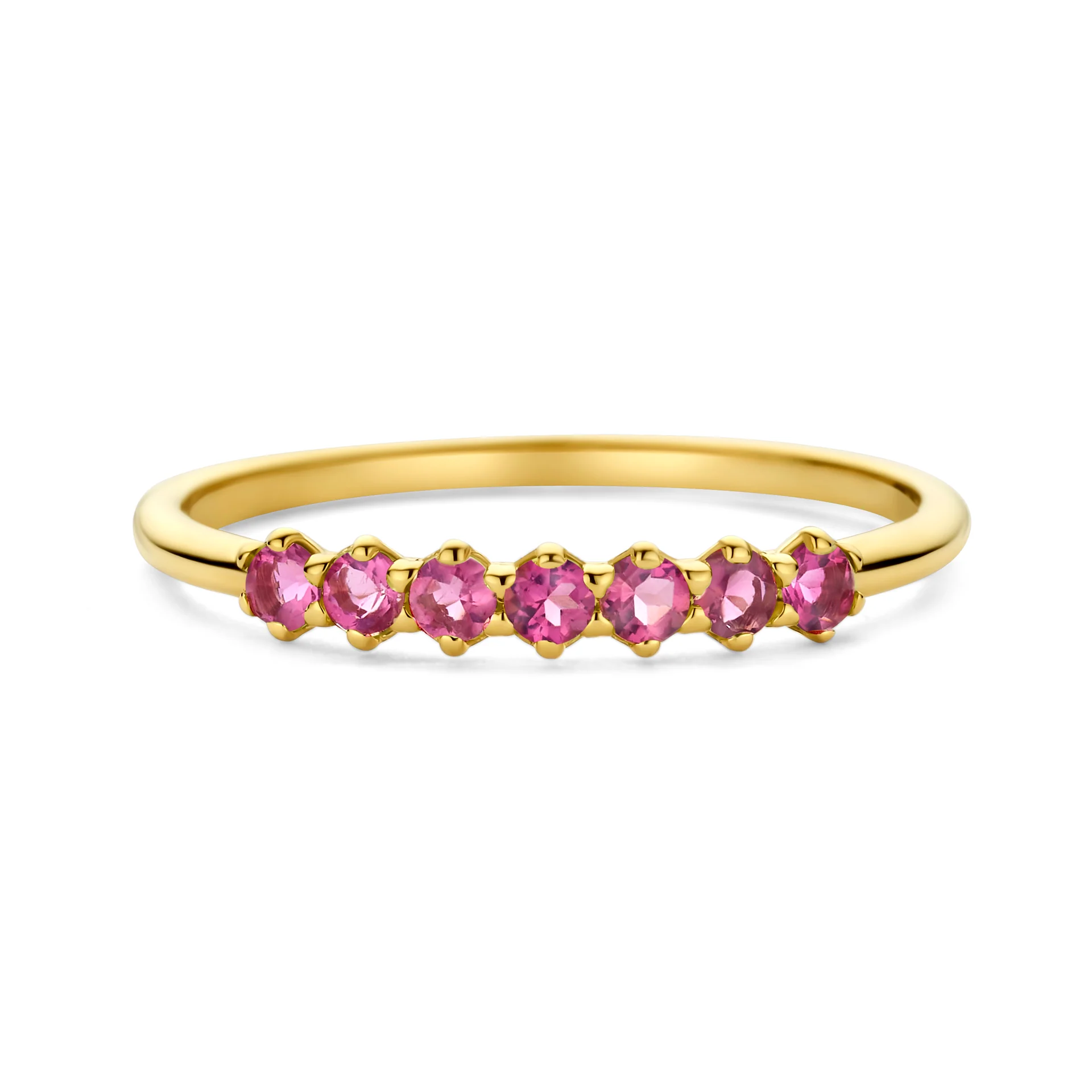 Dit is een 14k Gouden ring met Roze Toermalijn in een rijzetting.