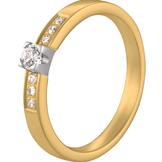 Een 14 Karaats Bicolor Gouden Ring van Atelier Aller Spanninga. Gezet met een 0.12 caraat Diamant middensteen en 6x0.01 caraat diamant zijstenen. Alle diamanten zijn van natuurlijke oorsprong