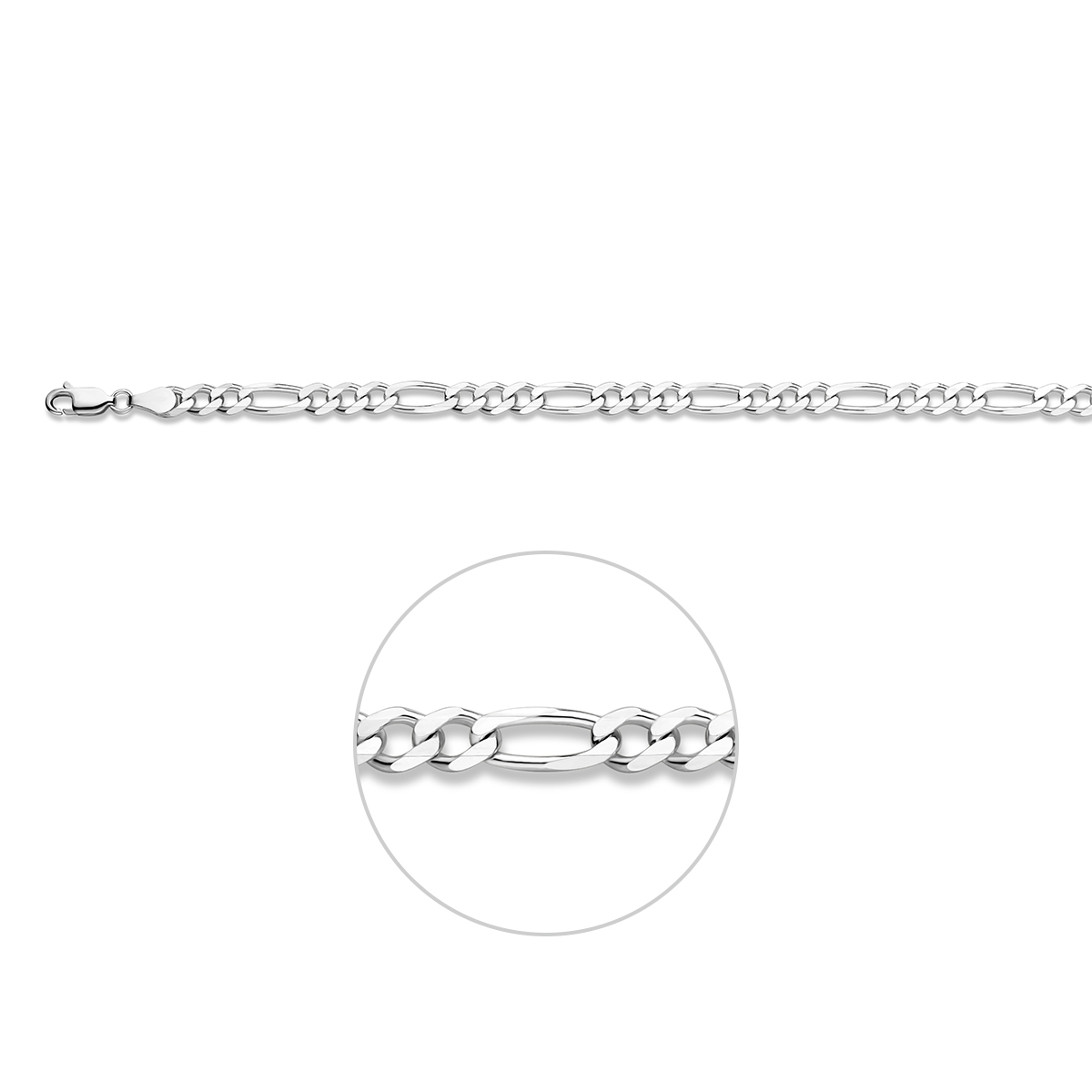 Zilveren lengte artikel met figaro schakel. De schakelbreedte is 4.5mm.