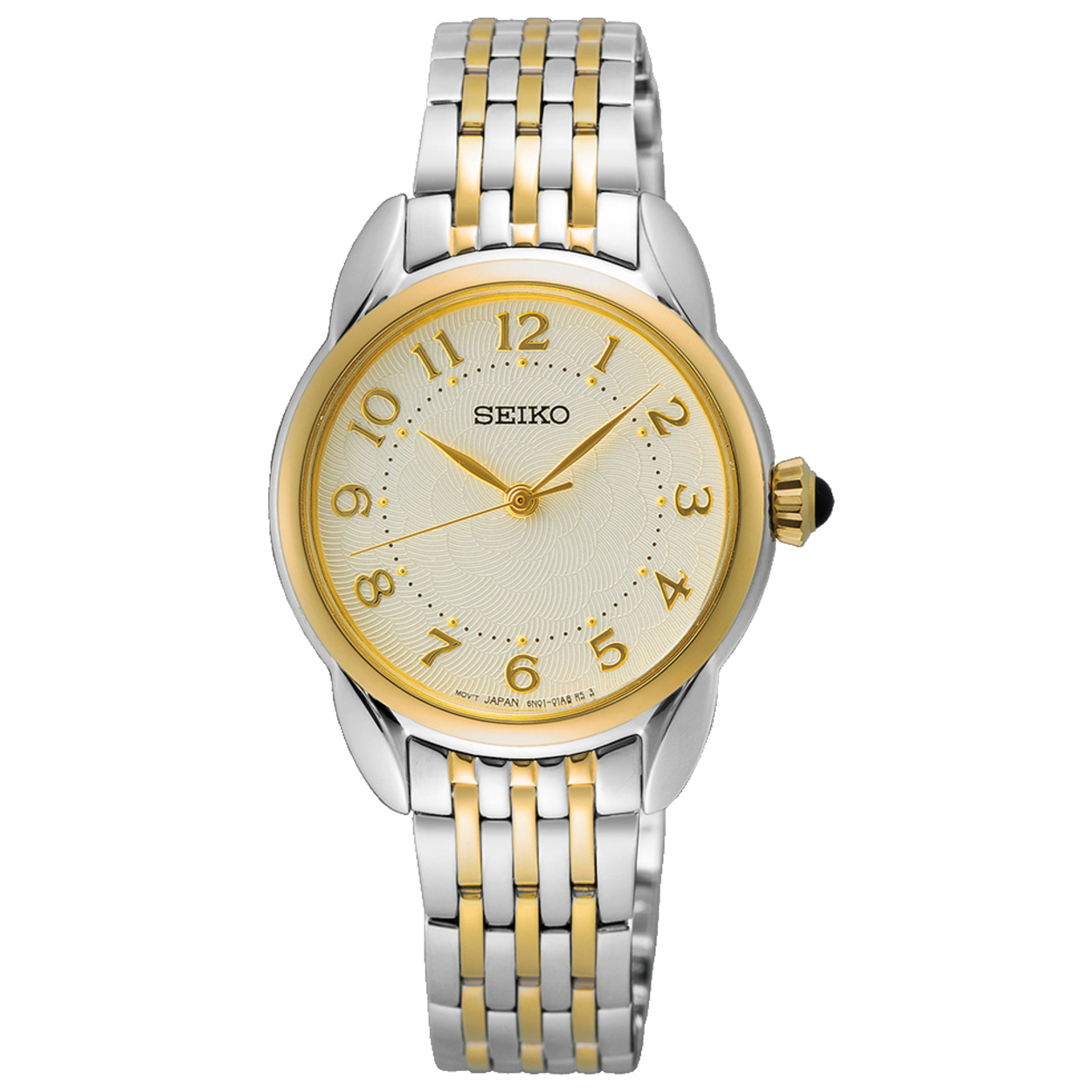 Dit is een dameshorloge van het merk Seiko. Het is een analoog horloge gemaakt van staal. De diameter van de kast is 28.7 mm en de kast is 7.59 mm dik.
De verdere specificaties van het horloge zijn als volgt:
Kastvorm: rond
Kastkleur: goudkleurig
Kastmateriaal: staal
Bandbreedte: 13 mm
Bandlengte: 218.7 mm
Sluiting: vouwsluiting met drukker
Wijzerplaatkleur: wit
Glassoort: hardlex mineraal glas
Waterdichtheid: 5 ATM
Techniek: quartz