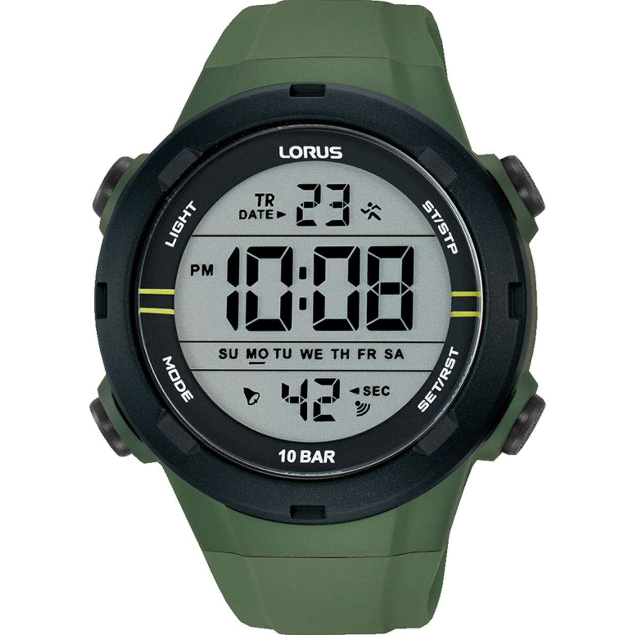 Dit is een herenhorloge van het merk Lorus. Het is een digitaal horloge gemaakt van kunststof. De diameter van de kast is 46 mm en de kast is 15.5 mm dik.
De verdere specificaties van het horloge zijn als volgt:
Kastvorm: rond
Kastkleur: groen
Kastmateriaal: kunststof
Sluiting: gesp
Wijzerplaatkleur: grijs
Glassoort: acryl glas
Waterdichtheid: 10 ATM
Techniek: quartz