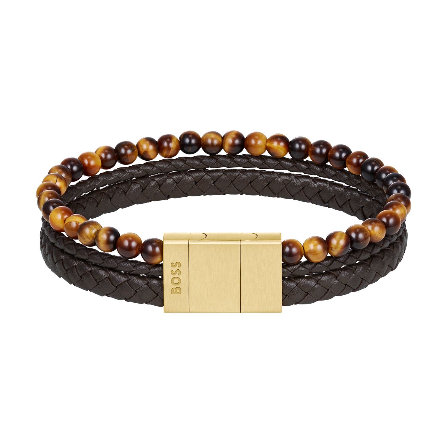 BOSS JEWELS HBJ1580787 SPHERE MIXED Armband 19cm
Deze armband van BOSS uit de SPHERE MIXED serie met artikelnr. HBJ1580787 is een opvallend sieraad voor de echte BOSS klant. De armband heeft 2 bruine leren gevlochten strengen en een Tijgeroog kralen streng die samenkomen in een stalen sluiting. De aparte sluiting heeft een tussenschakel waarmee de armband kan worden ingekort. Dus deze is te dragen op 17,5 of 19cm. Zeker goed te combineren met de bijpassende sieraden van BOSS. 

