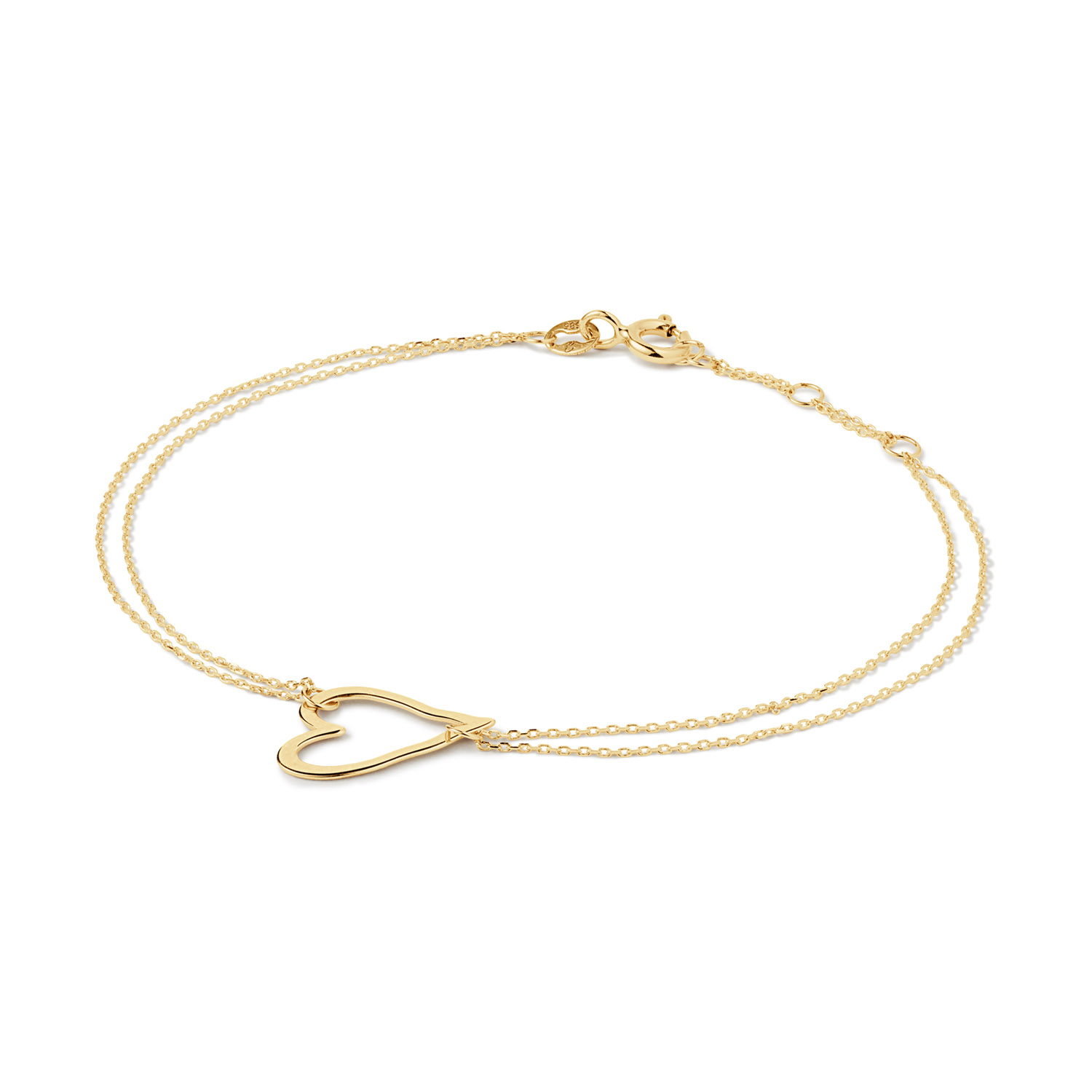Dit is een armband van het merk Jackie. De armband is gemaakt van 14 karaat goud. Tussen de armband zit een hartje verwerkt. De armband is verstelbaar in maat 16-17-18cm 