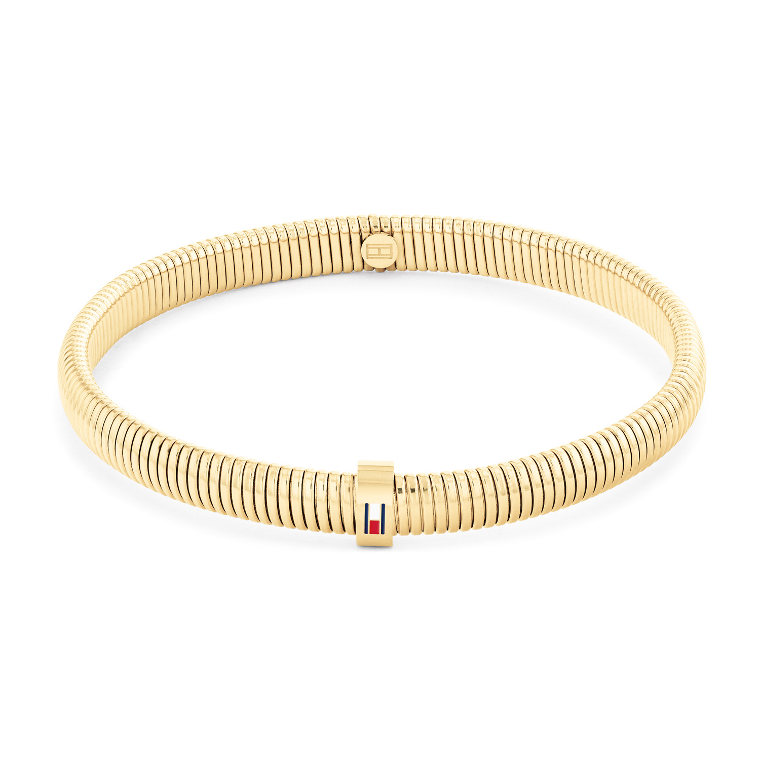 Tommy Hilfiger Jewels Armband Dames Staal Stretch. De armband is one size. Deze armband van Tommy Hilfiger uit de jewelry serie Stretch Bracelets met nr: TJ2781005 is een musthave voor je Tommy collectie. De stalen goudkleurige dames armband is flexibel en past om iedere pols. Op het middelste gedeelte zit het Tommy logo. Erg leuk te mixen met andere sieraden uit deze serie van Tommy Hilfiger.