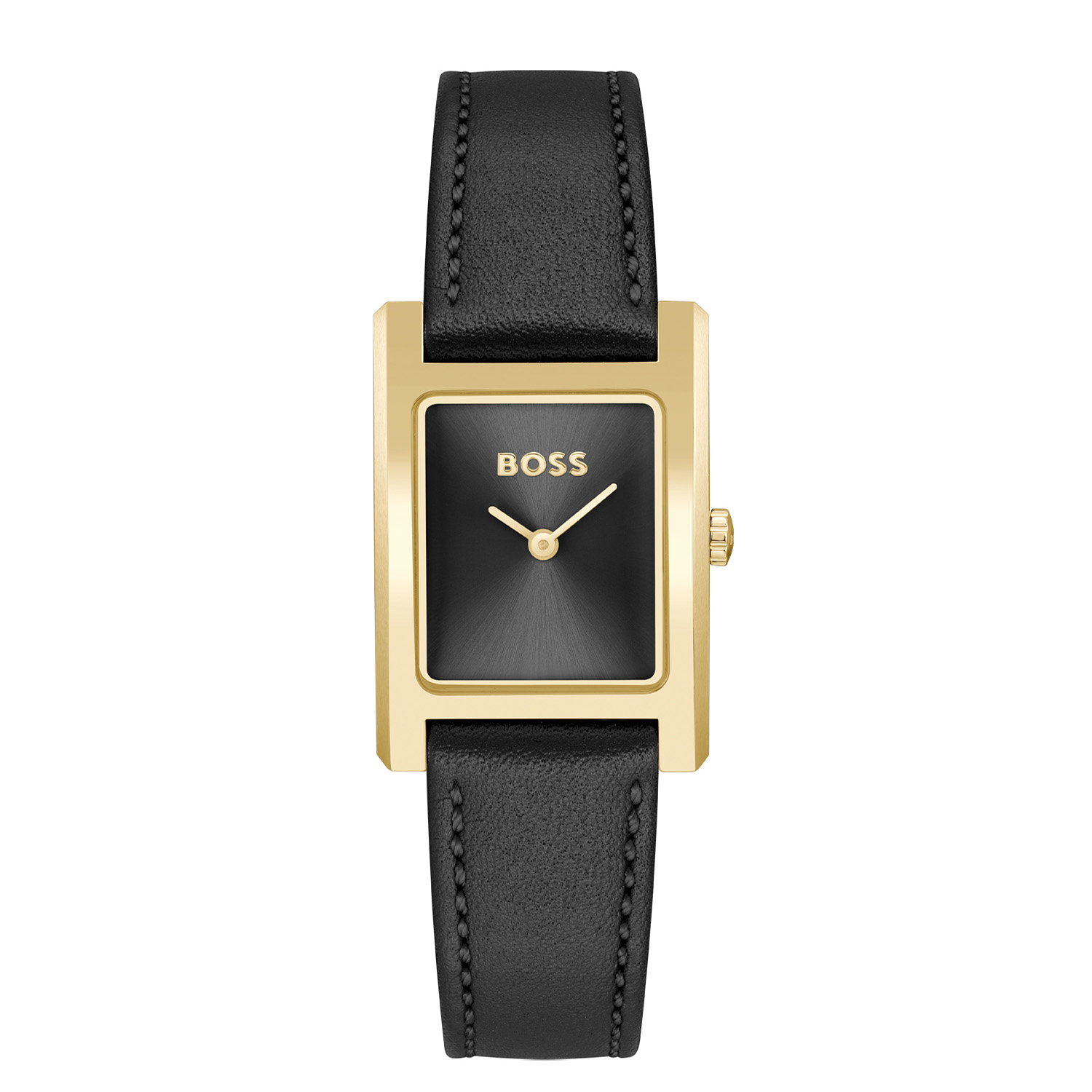 De BOSS HB1502742 LUCY Dameshorloge heeft een rechthoekige, goudkleurige roestvrijstalen kast en een zwart leren band. Het is een analoog, waterbestendig (3 ATM) horloge met een kwartsuurwerk. De luxe uitstraling is perfect voor formele gelegenheden. Draag dit elegante horloge om je pols met formele of zakelijke kleding voor een verfijnde look.