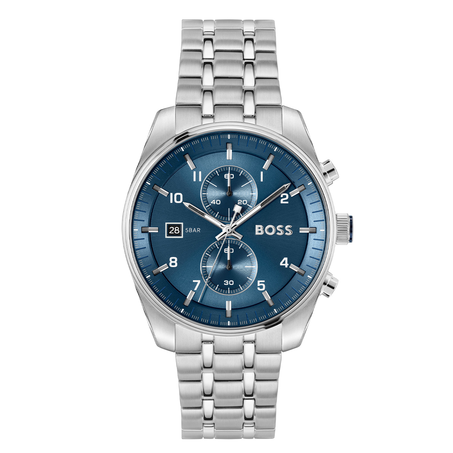 Het BOSS HB1514216 SKYTRAVELLER Herenhorloge heeft een ronde kast van 44mm, zilverkleurige roestvrijstalen band en een blauwe wijzerplaat. Het heeft analoge tijdsaanduiding, een datumaanduiding, en quarzuurwerk. Waterbestendig tot niveau 5. Perfect voor elke gelegenheid, draag bij formele en casual outfits voor een elegante uitstraling.

