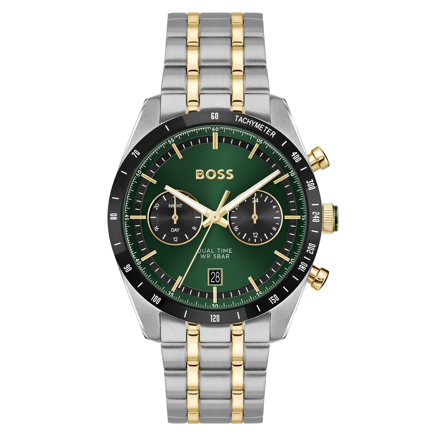 BOSS HB1514287 TOURMASTER Herenhorloge 41mm
Dit BOSS horloge uit de TOURMASTER serie met artikelnr: HB1514287 heeft een luxe sportieve uitstraling. Meer dan een horlogeaccessoire is dit horloge een symbool van sportieve luxe stijl en de sensatie van de tijd. Verrijk uw pols met een horloge dat de essentie van racen belichaamt, waar snelheid en verfijning samenkomen in een naadloze combinatie van vorm en functie. Dit herenhorloge valt op door zijn stalen horlogekast met een zwarte bezel met een tachymeter en zijn groene sunray wijzerplaat met dubbele tijdsaanduiding, een datum en goudkleurige accenten. Opvallend zijn de fijne wijzers, subeyes en fijne uurstrepen. Aan de kast zit een stalen bicolor schakelband met een vouwsluiting. Het horloge heeft een doorsnee van 41mm met een mineraalglas en is 5ATM. 

HET MERK:
HUGO BOSS is afgestemd op levensstijlen waar het gaat om kwaliteit en precisie. Het wereldwijde fashionlabel is verdeeld in twee merken: BOSS en HUGO. Het merk BOSS biedt geavanceerde, moderne horloges gericht op kwaliteit en design om een onberispelijke look te creëren – of het nu zakelijk, casual of sportief is. De horloge collectie van BOSS is perfect afgestemd op levensstijlen waar het gaat om kwaliteit en precisie. BOSS is op maat gemaakt in een onberispelijke stijl.

Blijf stijlvol bij de tijd. Voor de BOSS-vrouw is stijl het handelsmerk en draait alles om
details. Breng uw look naar een hoger niveau met onze nieuwe en kenmerkende horlogecollectie.

SPECIFICATIES:
- Mineraalglas
- Ronde kastvorm, Ø 41mm
- Stalen horlogekast
- Groene wijzerplaat
- Stalen bicolor schakelband
- Dubbele tijdsaanduiding en datum
- 5ATM