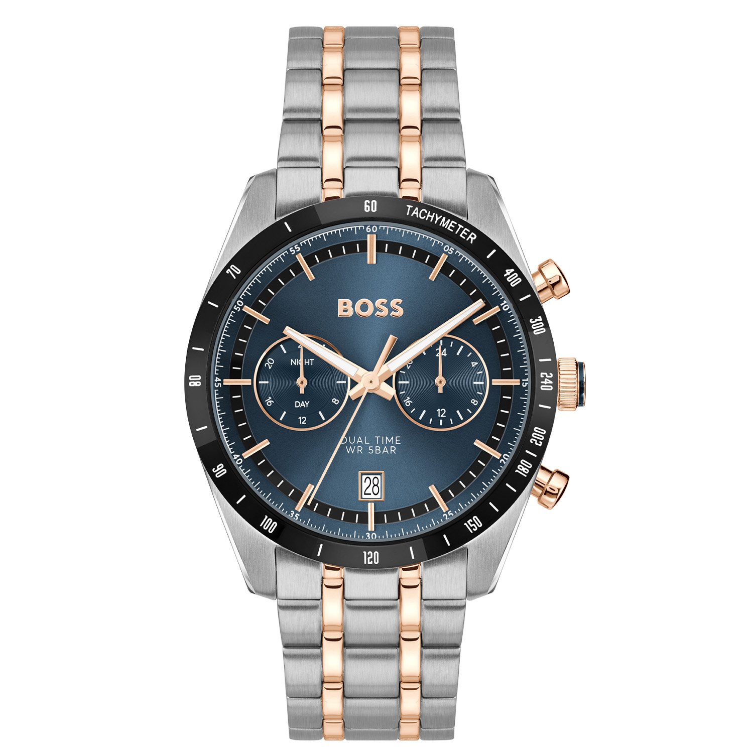 Dit Boss horloge behoort tot de Tourmaster collectie.
Referentienummer: HB1514288

Dit Boss horloge heeft een stalen 41MM kast met rosegoudkleurige knoppen en kroon. De band is tevens afgewerkt een met rosegoudkleurige coating. Op de blauwe wijzeplaat is een tweede tijdzone af te lezen met de subwijzerplaat. Het horloge is waterdicht tot 5 atm en heeft mineraalglas.