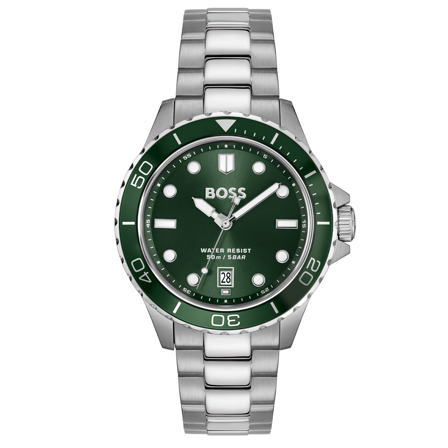 BOSS HB1514294 TROPER SPORT Herenhorloge 41mm
Dit BOSS horloge uit de TROPER SPORT serie met artikelnr: HB1514294 heeft een jonge sportieve uitstraling. Meer dan een horlogeaccessoire is dit horloge een symbool van sportieve jonge stijl en de sensatie van de tijd. Breid jouw TROPER-familie uit met een nieuw
duikgeïnspireerd horloge. Dit herenhorloge valt op door zijn stalen horlogekast met een groene bedrukte draaibare bezel en zijn groene sunray wijzerplaat met een datum. Opvallend zijn de wijzers en uursaanduiding ingelegd met lumibrite en de ingebouwde kroon. Aan de kast zit een stalen schakelband met een vouwsluiting. Het horloge heeft een doorsnee van 41mm met een mineraalglas en is 5ATM. 

HET MERK:
HUGO BOSS is afgestemd op levensstijlen waar het gaat om kwaliteit en precisie. Het wereldwijde fashionlabel is verdeeld in twee merken: BOSS en HUGO. Het merk BOSS biedt geavanceerde, moderne horloges gericht op kwaliteit en design om een onberispelijke look te creëren – of het nu zakelijk, casual of sportief is. De horloge collectie van BOSS is perfect afgestemd op levensstijlen waar het gaat om kwaliteit en precisie. BOSS is op maat gemaakt in een onberispelijke stijl.

Blijf stijlvol bij de tijd. Voor de BOSS-vrouw is stijl het handelsmerk en draait alles om
details. Breng uw look naar een hoger niveau met onze nieuwe en kenmerkende horlogecollectie.

SPECIFICATIES:
- Mineraalglas
- Ronde kastvorm, Ø 41mm
- Stalen horlogekast
- Groene wijzerplaat
- Stalen schakelband
- Datum
- 5ATM