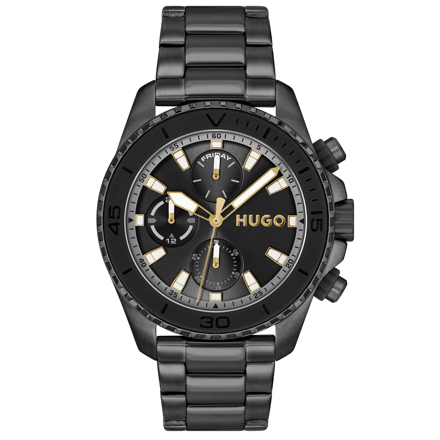 HUGO HU1530431 #DIVE 44mm
Dit HUGO horloge uit de DIVE serie met artikelnr. HU1530431. Is een robuust horloge geïnspireerd door de verschillende uiterlijke kenmerken van duikhorloges, maar kenmerkt zich door zijn ronde stalen zwarte horlogekast met bewerkte bezel. Het ontwerp is opvallend vanwege zijn stoere 'kijk mij nou eens' uitstaling en de  witte wijzers op de zwarte sun ray wijzerplaat. Het herenhorloge heeft een dag,- datum,- en 24-uursaanduiding. Aan de kast zit een stalen strak ogende zwarte schakelband met een vouwsluiting. Het sportief stoer ogende herenhorloge heeft een mineraalglas, een ingebouwde kroon, een doorsnee van 44mm en is 5ATM.

HET MERK:
HUGO BOSS is afgestemd op levensstijlen waar het gaat om kwaliteit en precisie. Het wereldwijde fashionlabel is verdeeld in twee merken: BOSS en HUGO. Het merk HUGO presenteert eigentijdse en vooruitstrevende designs volgens de laatste fashion trends waarmee mensen worden gestimuleerd om zichzelf te zijn. Scherp maatwerk en casual horloges gecombineerd met een progressieve attitude. HUGO horloges zijn er voor de urban en ruimdenkende man die de leiding durft te nemen. De enige regel van de HUGO-man als het om stijl gaat: zijn authentieke zelf en niets anders.

Maak kennis met de nieuwe horlogecollectie van HUGO.

SPECIFICATIES:
- Mineraalglas
- Ronde kastvorm, Ø 44mm
- Stalen zwarte horlogekast
- Zwarte wijzerplaat
- Stalen zwarte schakelband
- 5ATM
