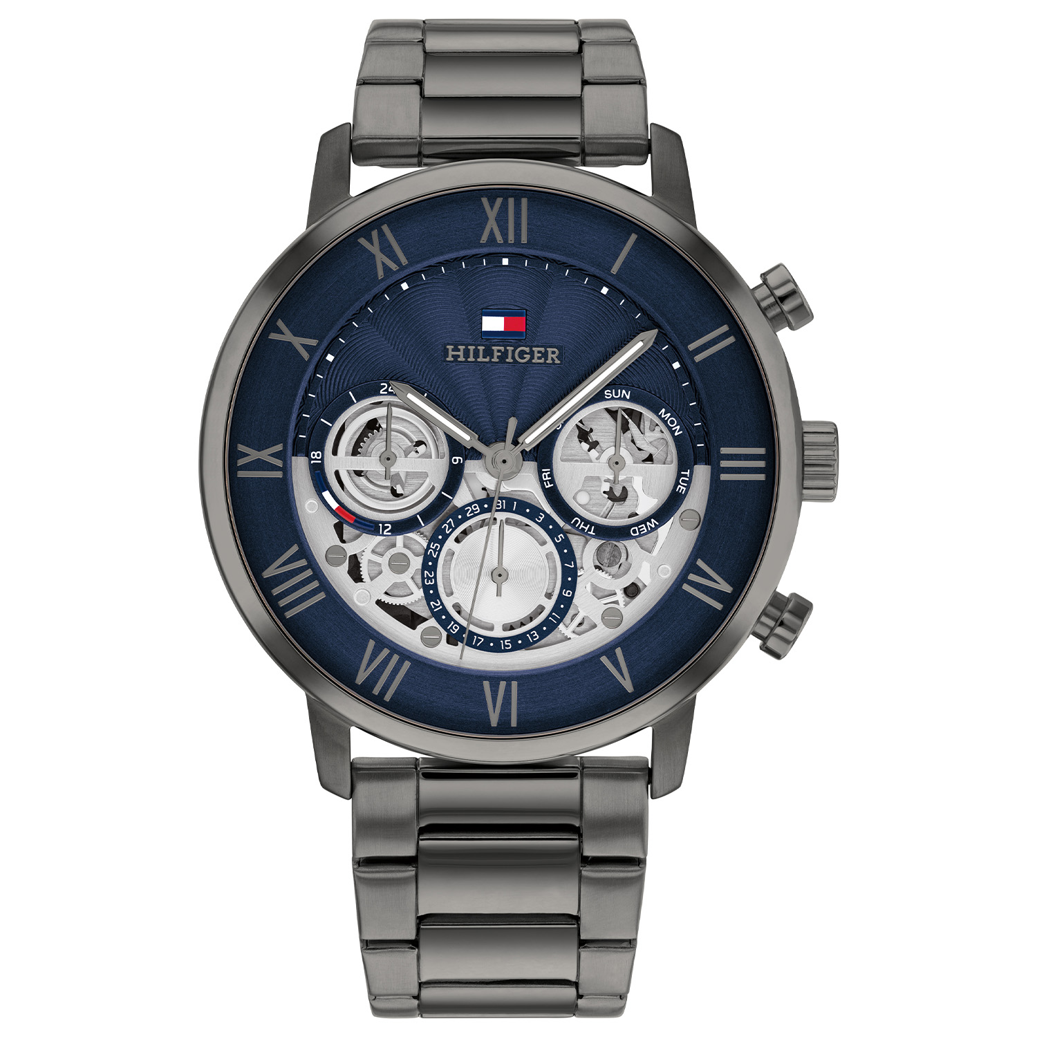 Tommy Hilfiger TH1710707 Horloge Heren Staal 44mm
Dit specifieke horloge van Tommy Hilfiger uit de Legend serie met artikelnr: TH1710707 is een casual herenhorloge die niet in je collectie mag ontbreken. Het stalen gunmetal herenhorloge heeft een ronde stalen kast met een half opengewerkte wijzerplaat zodat het uurwerk deels zichtbaar is. Op de blauwe wijzerplaat staan Romeinse cijfers en een dag, datum en 24-uursaanduiding. Aan de kast zit een stalen gunmetal schakelband met een vouwsluiting. Het horloge heeft een mineraalglas, een doorsnee van 44mm en is 5ATM.  

Het merk:
Sinds de lancering van het merk in 1985 is Tommy Hilfiger wereldwijd bekend geworden als pionier van de klassieke Amerikaanse coole stijl. Geïnspireerd door de iconische popcultuur en het Amerikaanse erfgoed. De dames en herencollectie van dit seizoen bestaan uit minimalistische silhouetten en rustieke lederen details. De herenhorlogecollectie biedt iconische uurwerken met roestvrijstalen, lederen en siliconen banden.

Specificaties:
- Mineraalglas
- Ronde kast 44mm
- Stalen gunmetal kast
- Blauwe wijzerplaat
- Stalen gunmetal schakelband 
- 5ATM