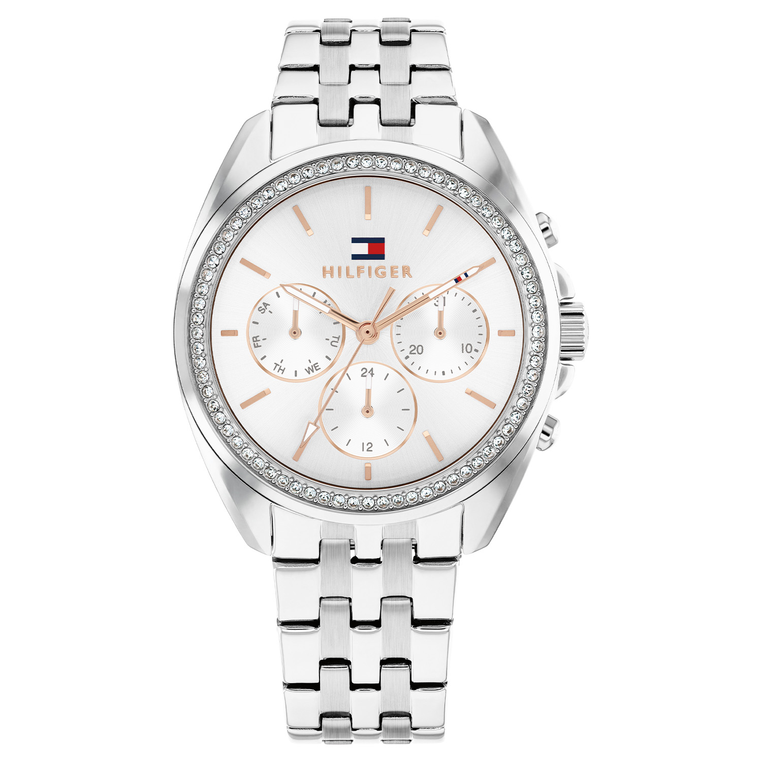 Tommy Hilfiger TH1782802 Horloge Dames Staal 36mm
Dit specifieke horloge van Tommy Hilfiger uit de Mellie serie met artikelnr: TH1782802 is een casual dameshorloge die niet in je collectie mag ontbreken. Het stalen dameshorloge heeft een ronde kast met bezel vol kristallen en een zilverwitte sunray wijzerplaat. Op de wijzerplaat zit een dag, datum, 24-uursaanduiding, fijne wijzers en het Tommy logo. Aan de kast zit een stalen schakelband met een vouwsluiting. Het horloge heeft een mineraalglas, een afmeting van 36mm en is 3ATM.  

Het merk:
Sinds de lancering van het merk in 1985 is Tommy Hilfiger wereldwijd bekend geworden als pionier van de klassieke Amerikaanse coole stijl. Geïnspireerd door de iconische popcultuur en het Amerikaanse erfgoed. De dames en herencollectie van dit seizoen bestaan uit minimalistische silhouetten en rustieke lederen details. De herenhorlogecollectie biedt iconische uurwerken met roestvrijstalen, lederen en siliconen banden.

Specificaties:
- Mineraalglas
- Ronde kast 36mm
- Stalen kast
- Zilverwitte wijzerplaat
- Stalen schakelband
- 3ATM
- Kristal