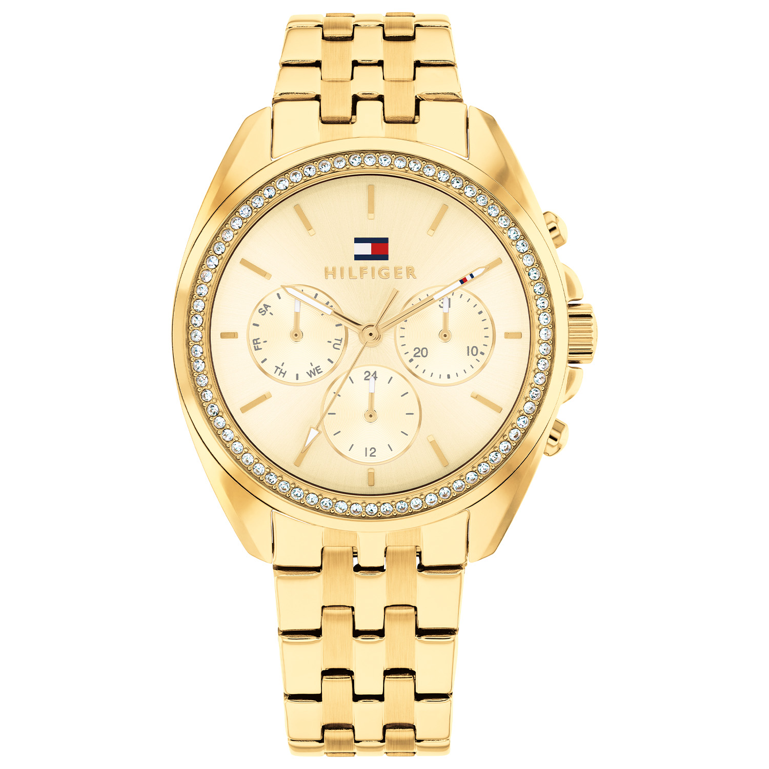 Tommy Hilfiger TH1782803 Horloge Dames Staal 36mm
Dit specifieke horloge van Tommy Hilfiger uit de Mellie serie met artikelnr: TH1782803 is een casual dameshorloge die niet in je collectie mag ontbreken. Het stalen goudkleurige dameshorloge heeft een ronde kast met bezel vol kristallen en een goudkleurige sunray wijzerplaat. Op de wijzerplaat zit een dag, datum, 24-uursaanduiding, fijne wijzers en het Tommy logo. Aan de kast zit een stalen goudkleurige schakelband met een vouwsluiting. Het horloge heeft een mineraalglas, een afmeting van 36mm en is 3ATM.  

Het merk:
Sinds de lancering van het merk in 1985 is Tommy Hilfiger wereldwijd bekend geworden als pionier van de klassieke Amerikaanse coole stijl. Geïnspireerd door de iconische popcultuur en het Amerikaanse erfgoed. De dames en herencollectie van dit seizoen bestaan uit minimalistische silhouetten en rustieke lederen details. De herenhorlogecollectie biedt iconische uurwerken met roestvrijstalen, lederen en siliconen banden.

Specificaties:
- Mineraalglas
- Ronde kast 36mm
- Stalen goudkleurige kast
- Goudkleurige wijzerplaat
- Stalen goudkleurige schakelband
- 3ATM
- Kristal