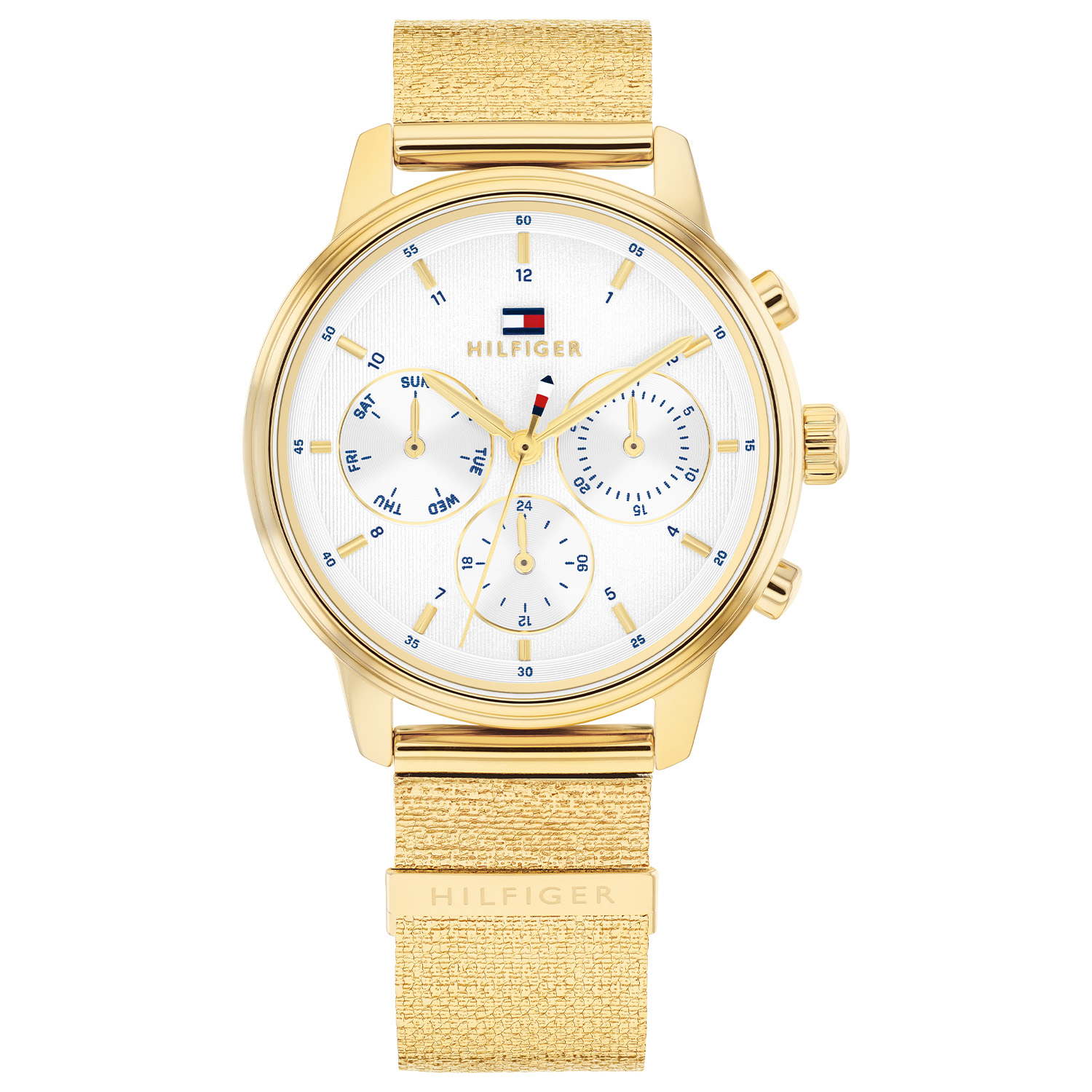 Tommy Hilfiger TH1782808 Horloge Dames Staal Goudkleurig 34mm
Dit specifieke horloge van Tommy Hilfiger uit de Blake serie met artikelnr: TH1782808 is een casual dameshorloge die niet in je collectie mag ontbreken. Het stalen dameshorloge heeft een goudkleurige kast met een zilverwitte bewerkte sunray wijzerplaat met een dag, datum, 24-uursaanduiding, fijne wijzers en het Tommy logo. Aan de kast zit een fijne goudkleurige milanese band met een druksluiting. Het horloge heeft een mineraalglas, een afmeting van 34mm en is 3ATM.  

Het merk:
Sinds de lancering van het merk in 1985 is Tommy Hilfiger wereldwijd bekend geworden als pionier van de klassieke Amerikaanse coole stijl. Ge&iuml;nspireerd door de iconische popcultuur en het Amerikaanse erfgoed. De dames en herencollectie van dit seizoen bestaan uit minimalistische silhouetten en rustieke lederen details. De herenhorlogecollectie biedt iconische uurwerken met roestvrijstalen, lederen en siliconen banden.

Specificaties:
- Mineraalglas
- Ronde kast 34mm
- Goudkleurige kast
- Zilverwitte wijzerplaat
- Goudkleurige milanese band
- 3ATM