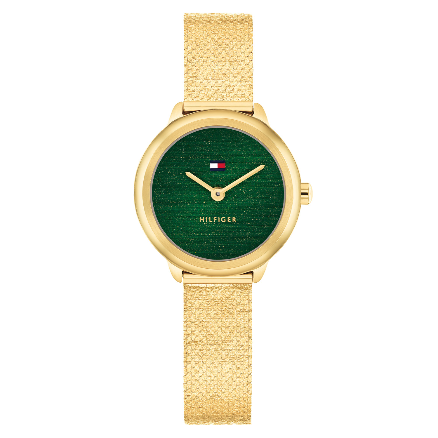 Dit Tommy Hilfiger horloge behoort tot de Demi collectie.
Referentienummer: TH1782812 

Dit specifieke horloge van Tommy Hilfiger uit de Demi serie met artikelnr: TH1782812 is een casual dameshorloge die niet in je collectie mag ontbreken. Het stalen dameshorloge heeft een ronde goudkleurige kast met een glanzende goudkleurige bezel en een groene geschuurde wijzerplaat met fijne wijzers en het Tommy logo. Aan de kast zit een goudkleurige glanzende milanese band met druksluiting. Het horloge heeft een mineraalglas, een afmeting van 26mm en is 3ATM.  

