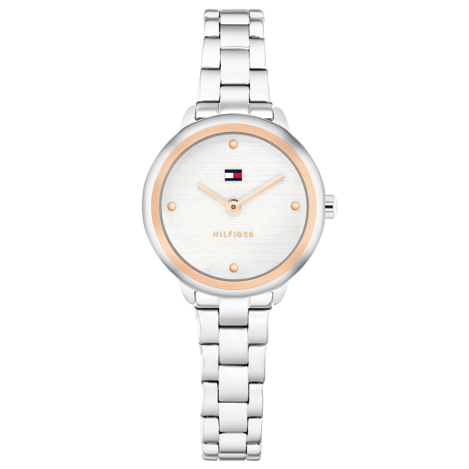 Tommy Hilfiger TH1782814 Horloge Dames Staal Zilverkleurig 26mm
Dit specifieke horloge van Tommy Hilfiger uit de Demi serie met artikelnr: TH1782814 is een casual dameshorloge die niet in je collectie mag ontbreken. Het stalen dameshorloge heeft een ronde zilverkleurige kast met een glanzende goudkleurige bezel en een zilverwitte geschuurde wijzerplaat met fijne wijzers en het Tommy logo. Aan de kast zit een zilverkleurige glanzende schakelband met vouwsluiting. Het horloge heeft een mineraalglas, een afmeting van 26mm en is 3ATM.  

Het merk:
Sinds de lancering van het merk in 1985 is Tommy Hilfiger wereldwijd bekend geworden als pionier van de klassieke Amerikaanse coole stijl. Geïnspireerd door de iconische popcultuur en het Amerikaanse erfgoed. De dames en herencollectie van dit seizoen bestaan uit minimalistische silhouetten en rustieke lederen details. De herenhorlogecollectie biedt iconische uurwerken met roestvrijstalen, lederen en siliconen banden.

Specificaties:
- Mineraalglas
- Ronde kast 26mm
- Zilverkleurige kast
- Zilverwitte wijzerplaat
- Zilverkleurige schakelband 
- 3ATM
