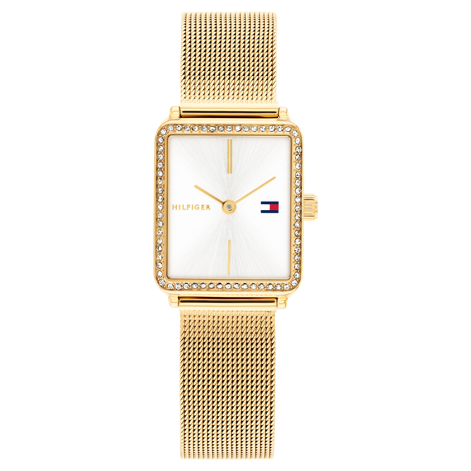 Tommy Hilfiger TH1782829 Horloge Dames Staal Goudkleurig 21x24mm
Dit specifieke horloge van Tommy Hilfiger uit de Tea Tank serie met artikelnr: TH1782829 is een chic dameshorloge die niet in je collectie mag ontbreken. Het stalen dameshorloge heeft een rechthoekige goudkleurige kast met een bezel volgezet met kristallen, een zilverwitte sunray wijzerplaat met fijne wijzers en het Tommy logo. Aan de kast zit een goudkleurige milanese band met een druksluiting. Het horloge heeft een mineraalglas, een afmeting van 21x24mm en is 3ATM.  

Het merk:
Sinds de lancering van het merk in 1985 is Tommy Hilfiger wereldwijd bekend geworden als pionier van de klassieke Amerikaanse coole stijl. Geïnspireerd door de iconische popcultuur en het Amerikaanse erfgoed. De dames en herencollectie van dit seizoen bestaan uit minimalistische silhouetten en rustieke lederen details. De herenhorlogecollectie biedt iconische uurwerken met roestvrijstalen, lederen en siliconen banden.

Specificaties:
- Mineraalglas
- Rechthoekige kast 21x24mm
- Goudkleurige kast
- Zilverwitte wijzerplaat
- Goudkleurige milanese band 
- 3ATM