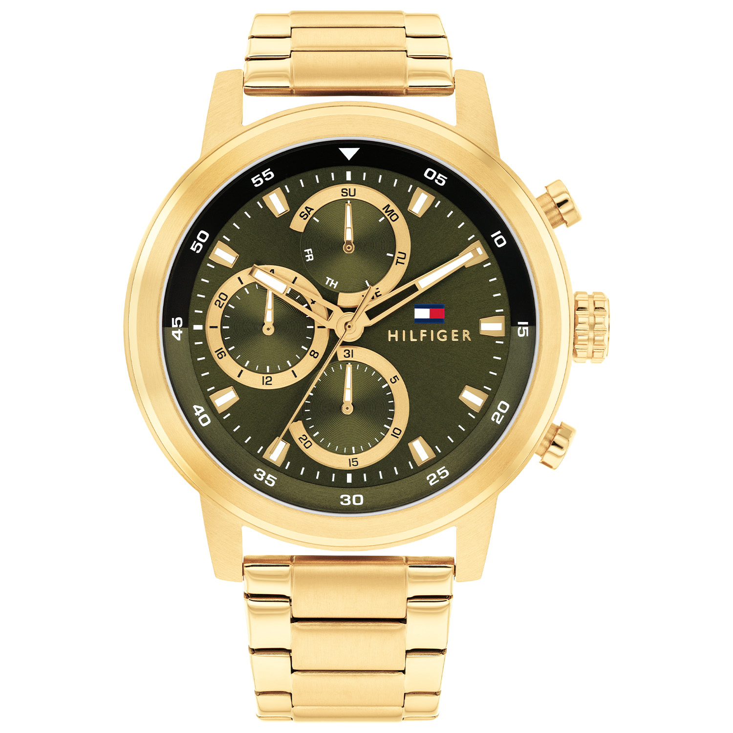 Dit Tommy Hilfiger horloge behoort tot de Rocky collectie.
Referentienummer: TH1792216

Dit specifieke horloge van Tommy Hilfiger uit de Rocky serie met artikelnr: TH1792216 is een casual herenhorloge die niet in je collectie mag ontbreken. Het stalen goudkleurige herenhorloge heeft een ronde stalen kast met een olijf groene wijzerplaat met een dag, datum en 24-uursaanduiding. Aan de kast zit een stalen goudkleurige schakelband met een vouwsluiting. Het horloge heeft een mineraalglas, een doorsnee van 46mm en is 5ATM.  

