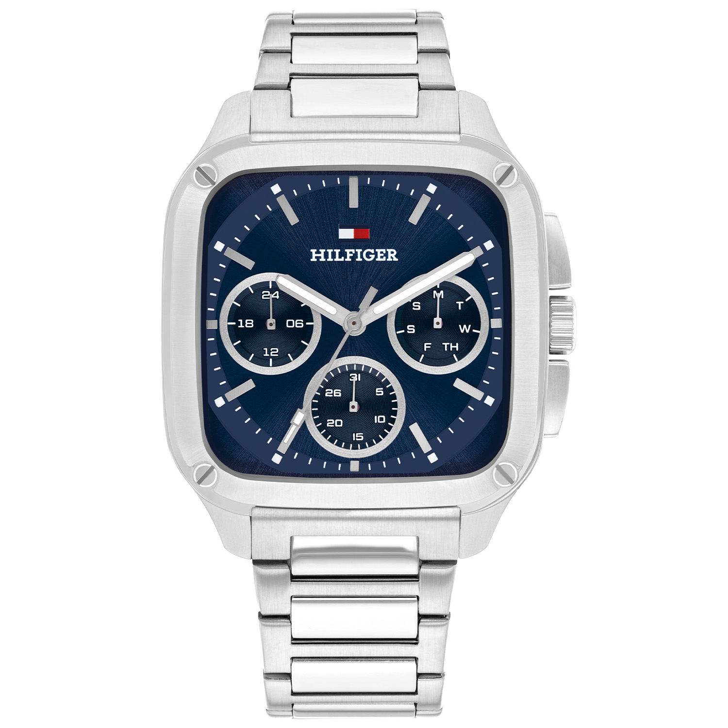Dit Tommy Hilfiger horloge behoort tot de Herald collectie.
Referentienummer: TH1792222 

Dit specifieke horloge van Tommy Hilfiger uit de Herald serie met artikelnr: TH1792222 is een casual herenhorloge die niet in je collectie mag ontbreken. Het stalen herenhorloge heeft een rechthoekige kast met een bezel met op iedere hoek een schroefje en een blauwe wijzerplaat met een dag, datum en 24-uursaanduiding. De kronen zijn mooi afgerond aan het strakke horloge. Aan de kast zit een stalen schakelband met een vouwsluiting. Het horloge heeft een mineraalglas, een afmeting van 37x39mm en is 5ATM.  
