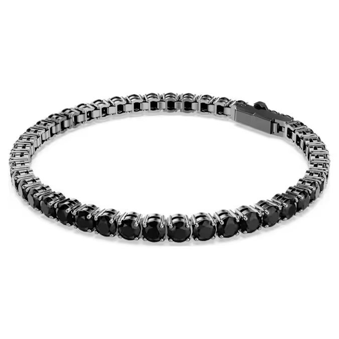 Deze ultramoderne Matrix-tennisarmband zet zwarte tinten centraal in uw stijl. Met een ruthenium toplaag en ronde zwarte keramische stenen combineert dit sieraad vloeiende lijnen met bijzondere diepte. Draag hem om drama aan elke look toe te voegen.
