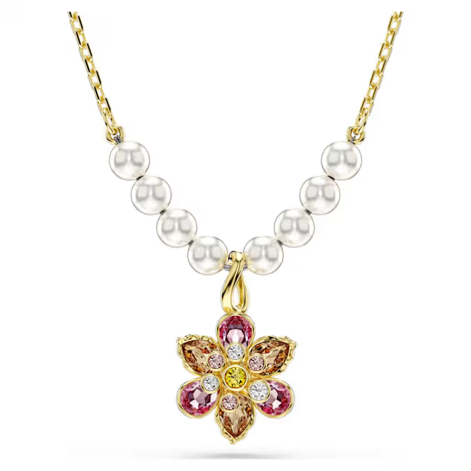 Deze charmante hanger voegt een magische en natuurlijke touch toe aan elke outfit. De ketting met goudkleurige toplaag is voorzien van acht Swarovski Crystal Pearls, elegant gezet aan weerszijden van een enkele bloem, die vakkundig is vervaardigd uit kristallen in verschillende slijpvormen en zachte kleuren. Het sieraad is inclusief een karabijnsluiting en een verlengstuk voor een verstelbare pasvorm. Een wonderschoon luxe cadeau voor moeiteloos dagelijks gebruik.