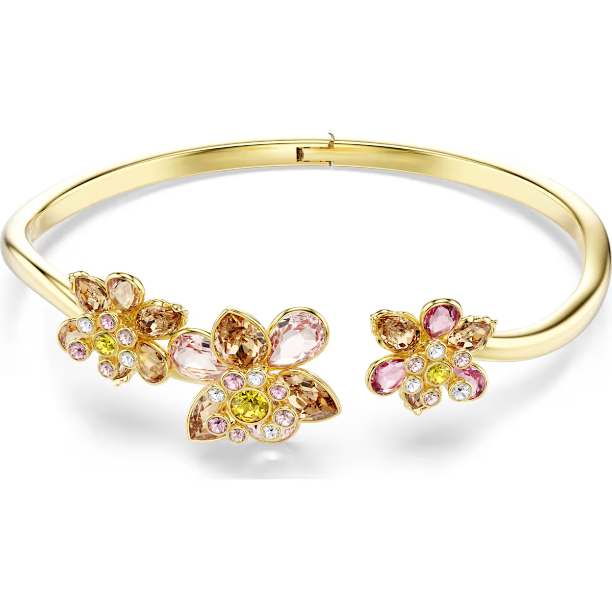 Wikkel uw pols in de natuur met deze armband met goudkleurige toplaag uit de Idyllia-lijn. Het ontwerp is vervaardigd met het beste savoir-faire, van Swarovski en bestaat uit een boeket van drie bloemen, elk gemaakt van kristallen in verschillende slijpvormen en zachte pastelkleuren. Een Wonderclick-sluiting aan de onderkant garandeert een gemakkelijke pasvorm. Draag deze armband met andere bijpassende stukken voor een harmonieuze look.