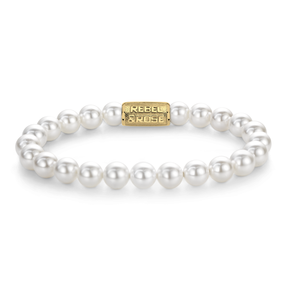 Armband van het merk Rebel & Rose. De armband heeft een hoogwaardige elastische stretch koord, met 8mm van Parels.