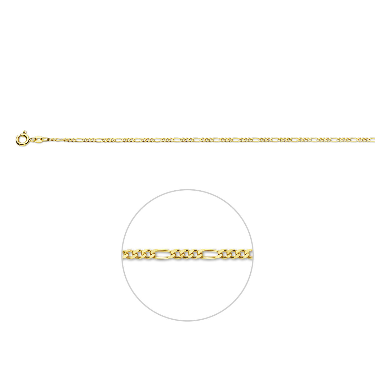 Dit prachtige Gouden Figaro collier van 42 cm (modelnummer 4003986) heeft een gewicht van 3,1 gram en een breedte van 1,8 mm. Het is gemaakt van 14 karaat goud en straalt met een glanzende afwerking. Draag deze elegante halsketting solo of in laagjes met andere kettingen voor een verfijnde look. Perfect voor elke gelegenheid.
